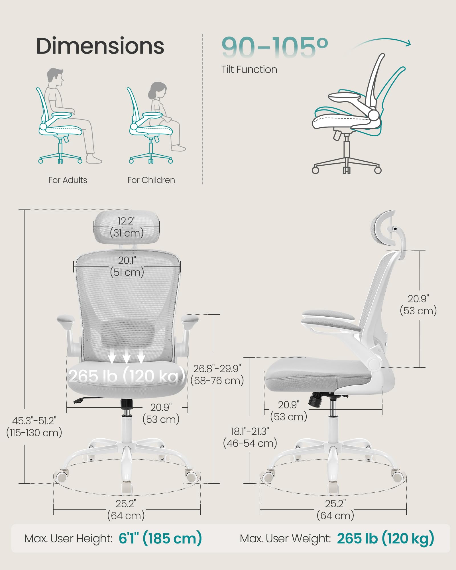 SONGMICS Ergonomic Mesh Desk Chair - Adjustable Lumbar & Head Support | Cappuccino Beige