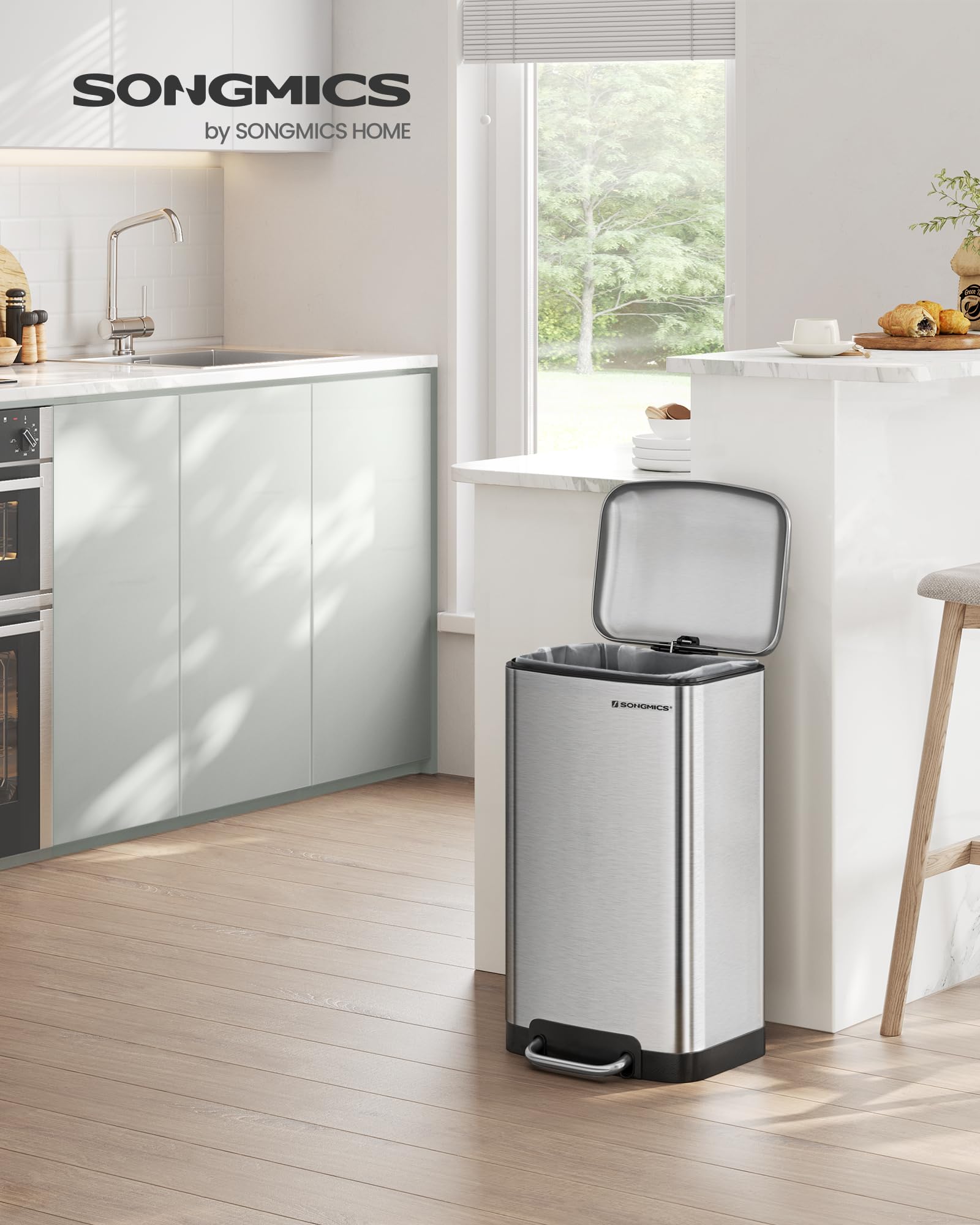 SONGMICS Kitchen Bin - 30L Capacity, Steel Pedal Bin with Soft Close Lid | Silver | LTB01L 2
