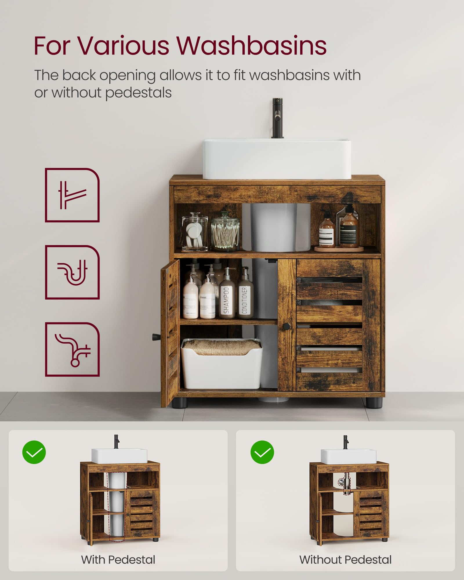 VASAGLE Under Sink Bathroom Cabinet - Rustic Brown | 30x60x64 cm | Adjustable Shelf 5