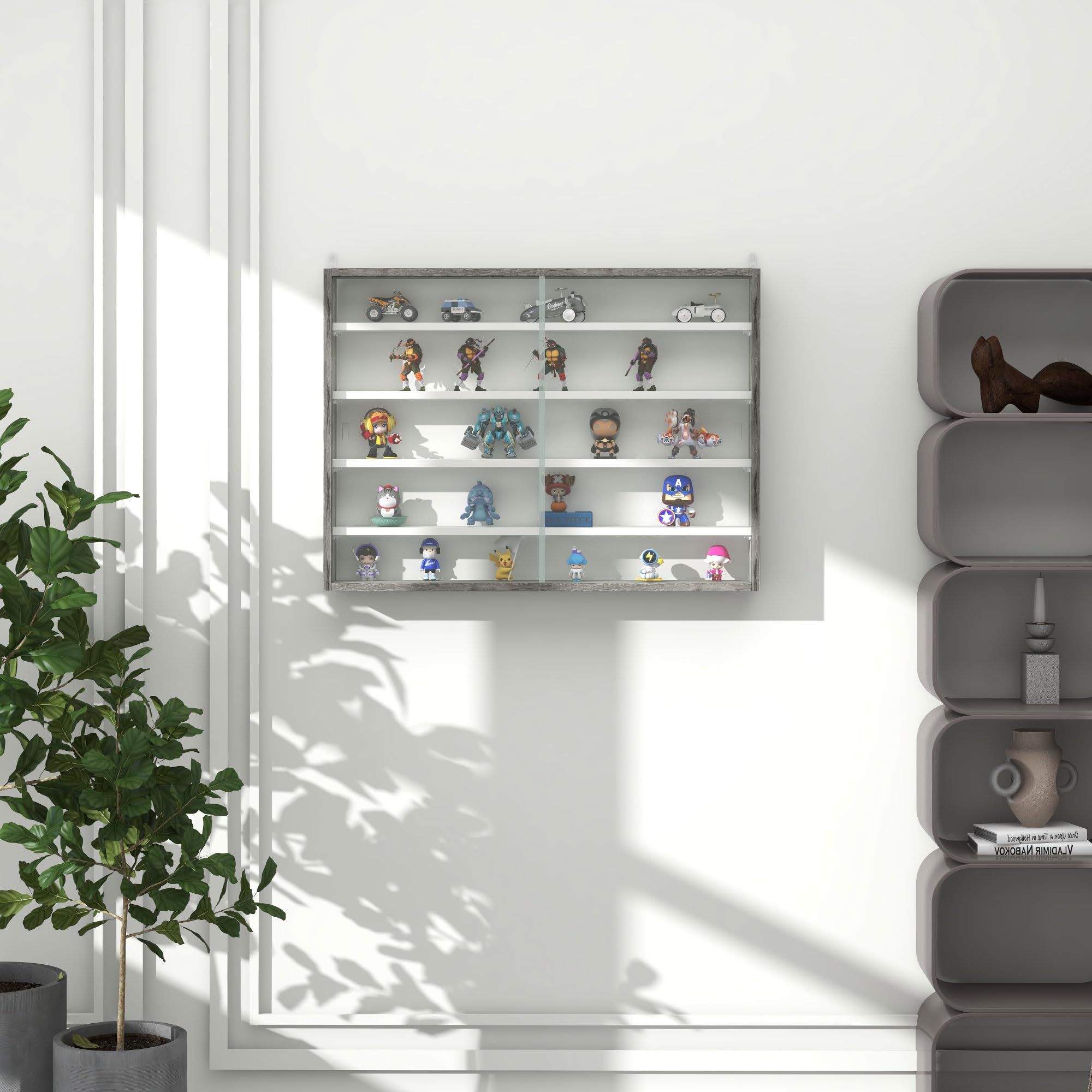 HOMCOM 5-Tier Wall Mounted Display Cabinet - Grey Wood Grain | Adjustable Shelves | Glass Doors 8