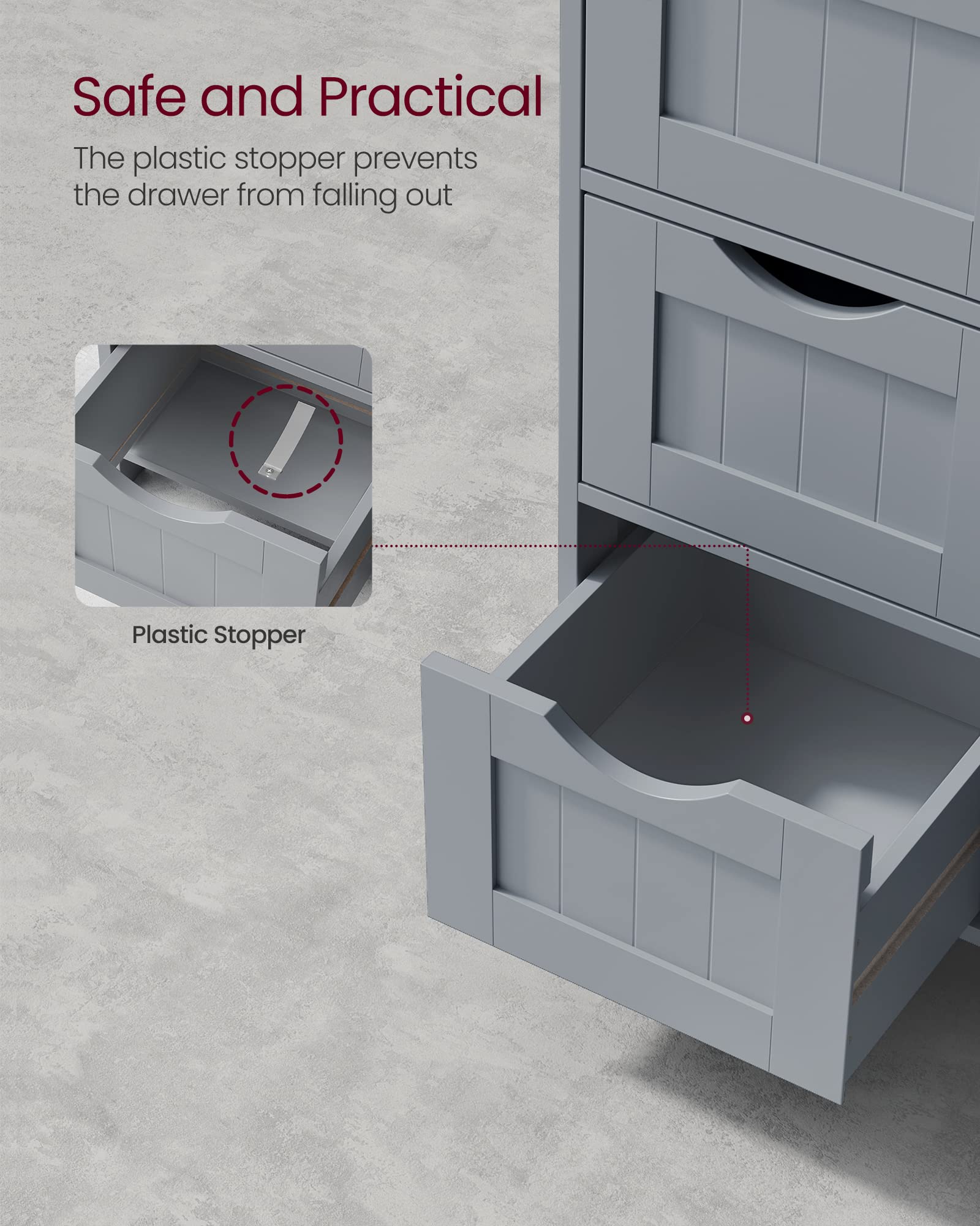 VASAGLE Bathroom Floor Storage Cabinet with 4 Drawers | Dove Grey | 30 x 55 x 82 cm 8