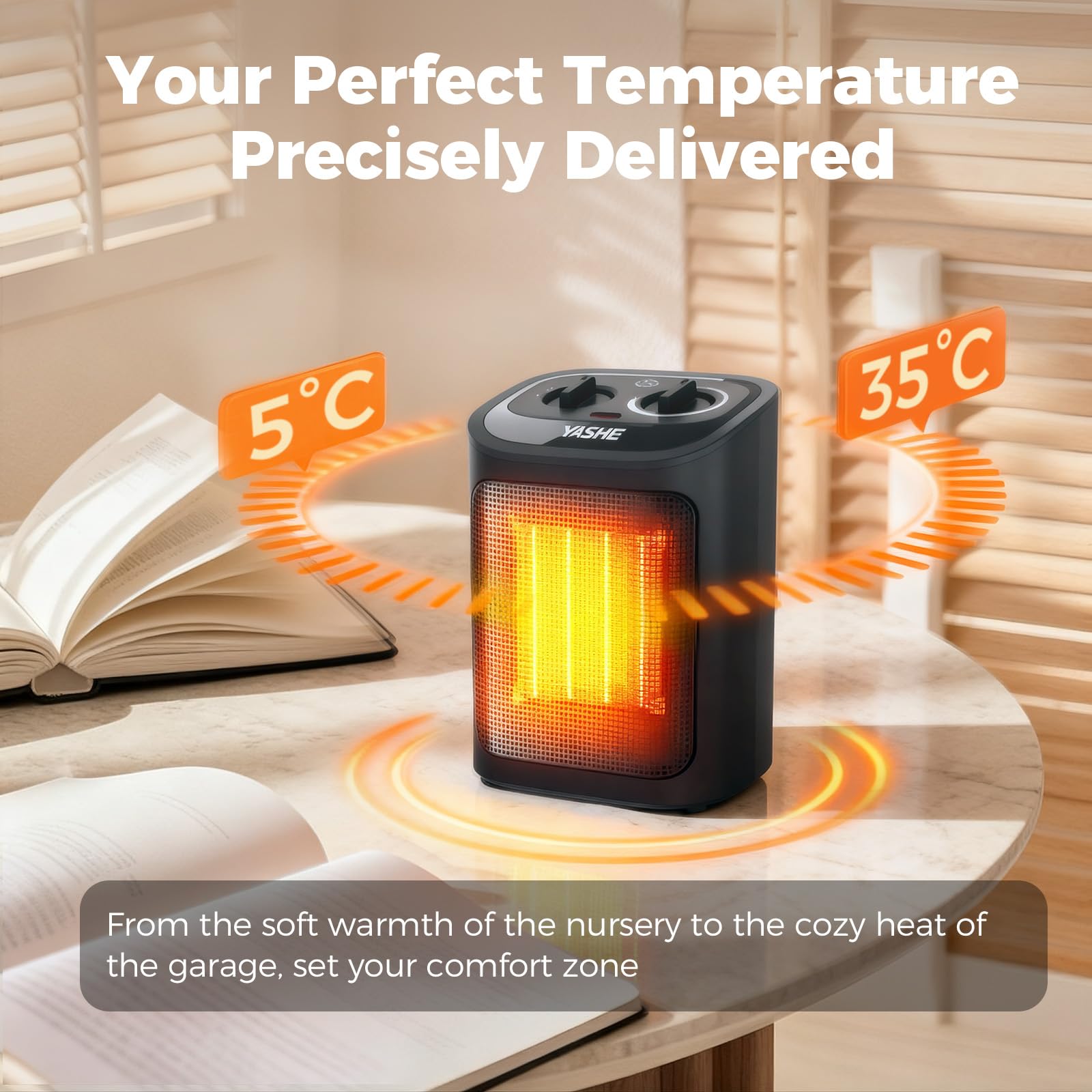 YASHE Electric Heater 1500W PTC Ceramic Heating Element with Thermostat | Black 4