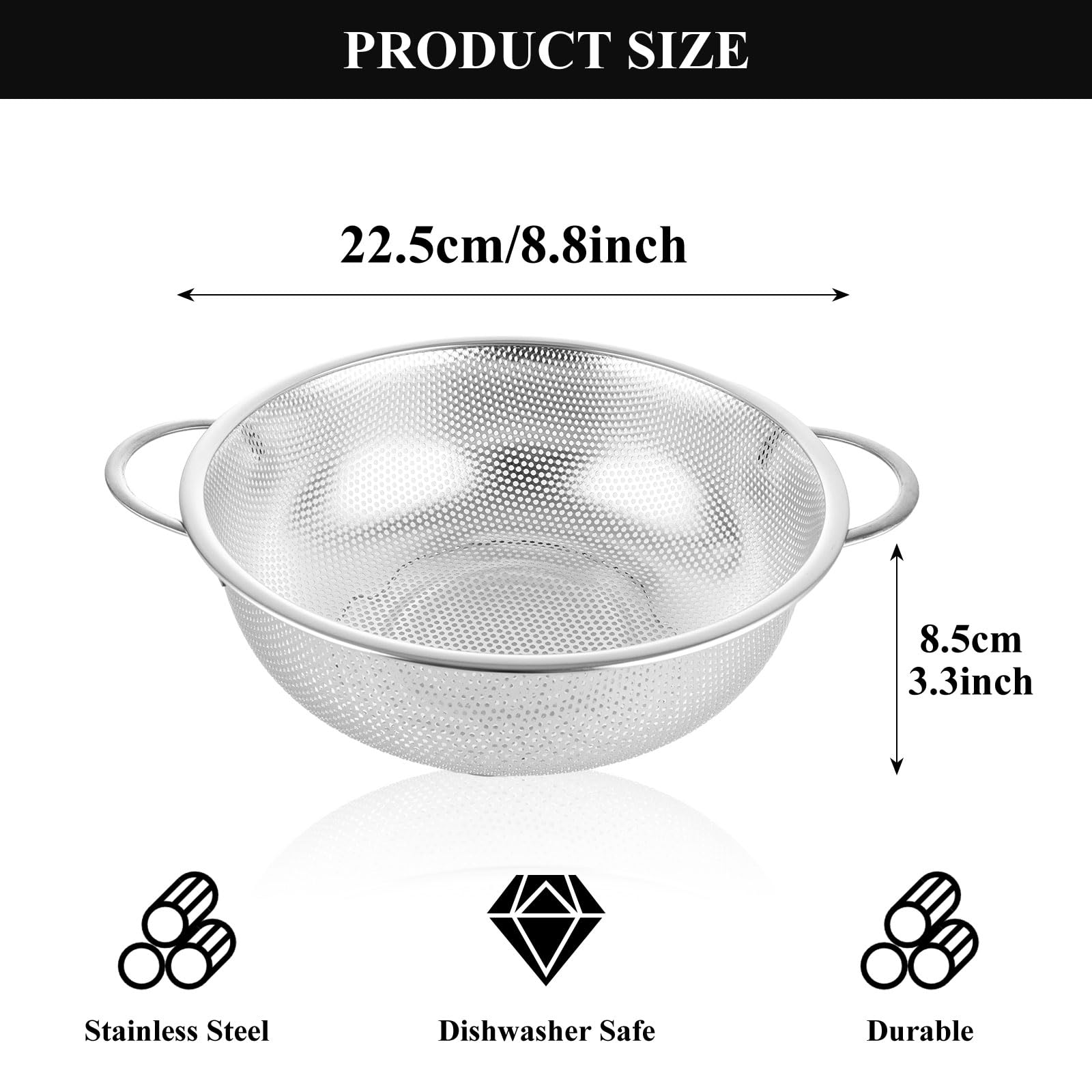 ASelected Stainless Steel Colander - 22CM Diameter, Micro-Perforated, Rustproof | Silver 2