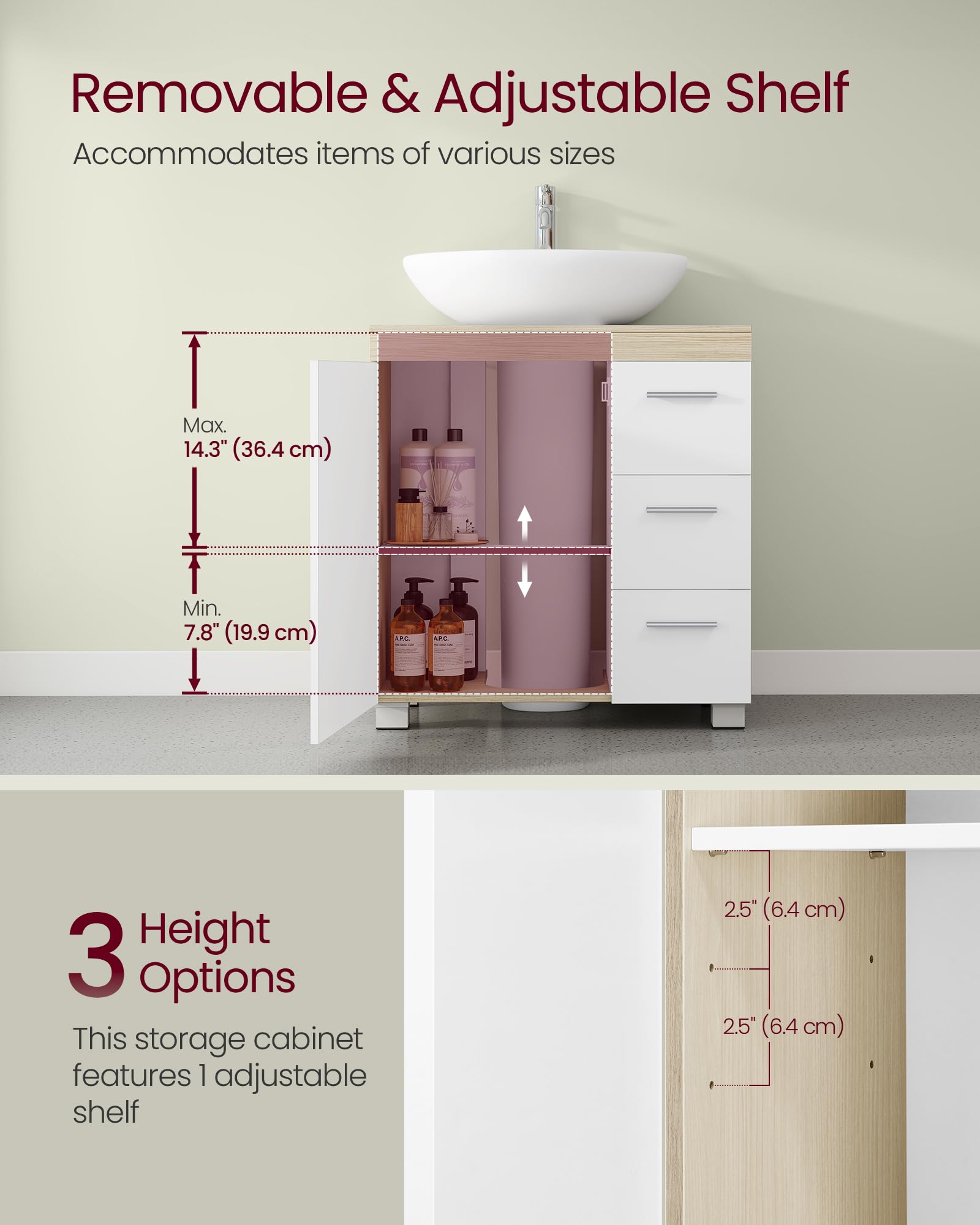 VASAGLE Under Sink Bathroom Cabinet - 3 Drawers, Adjustable Shelf | Cloud White + Natural Beige 4