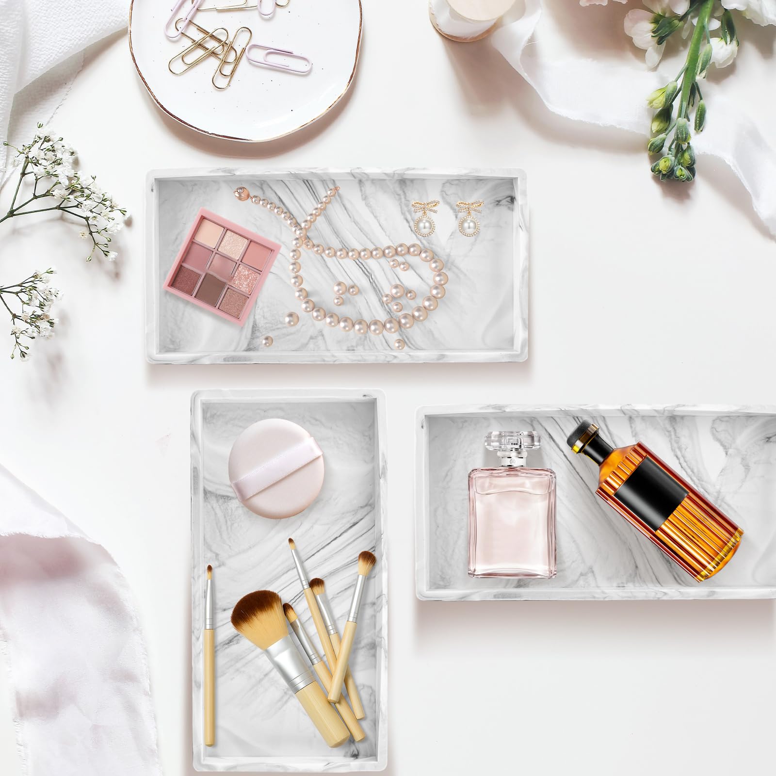 ASelected 3 Piece Decorative Resin Cosmetic Tray - Marble Pattern Vanity Organizer | 7.87" x 3.93" 4