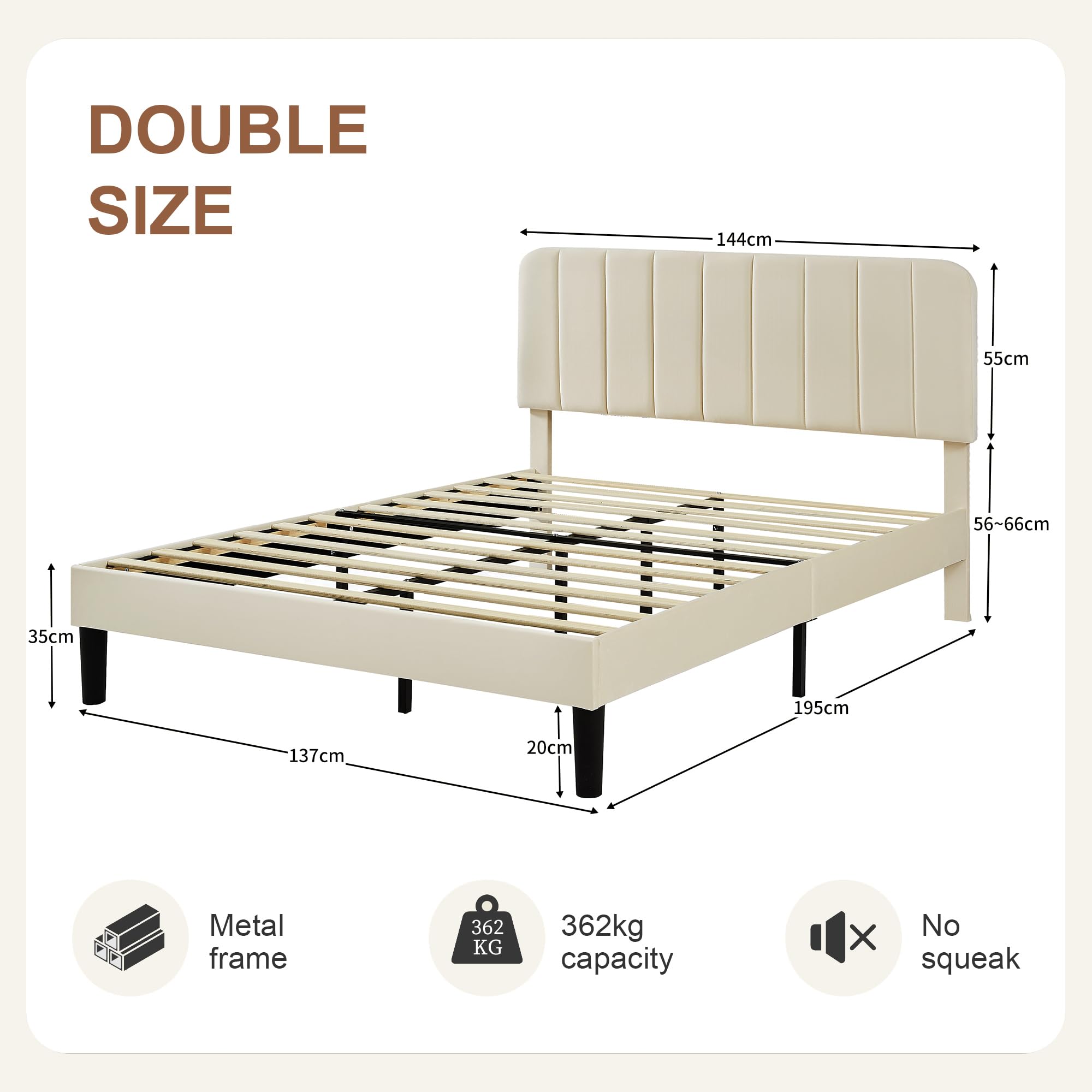 VECELO Upholstered Double Bed Frame 135x190cm Beige Metal Frame Adjustable Headboard Max Load 362kg 2