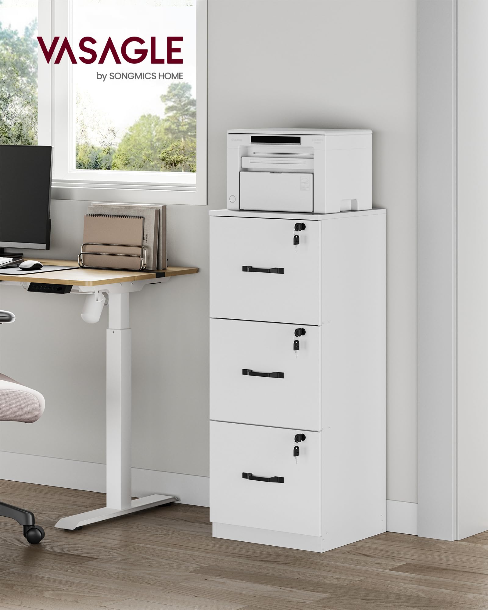 VASAGLE File Cabinet, Filing Cabinet for Home Office, Printer Stand, with 3 Lockable Drawers, Adjustable Hanging Rails, for A4 and Letter-Size Files, Cloud White OFC055W14 6