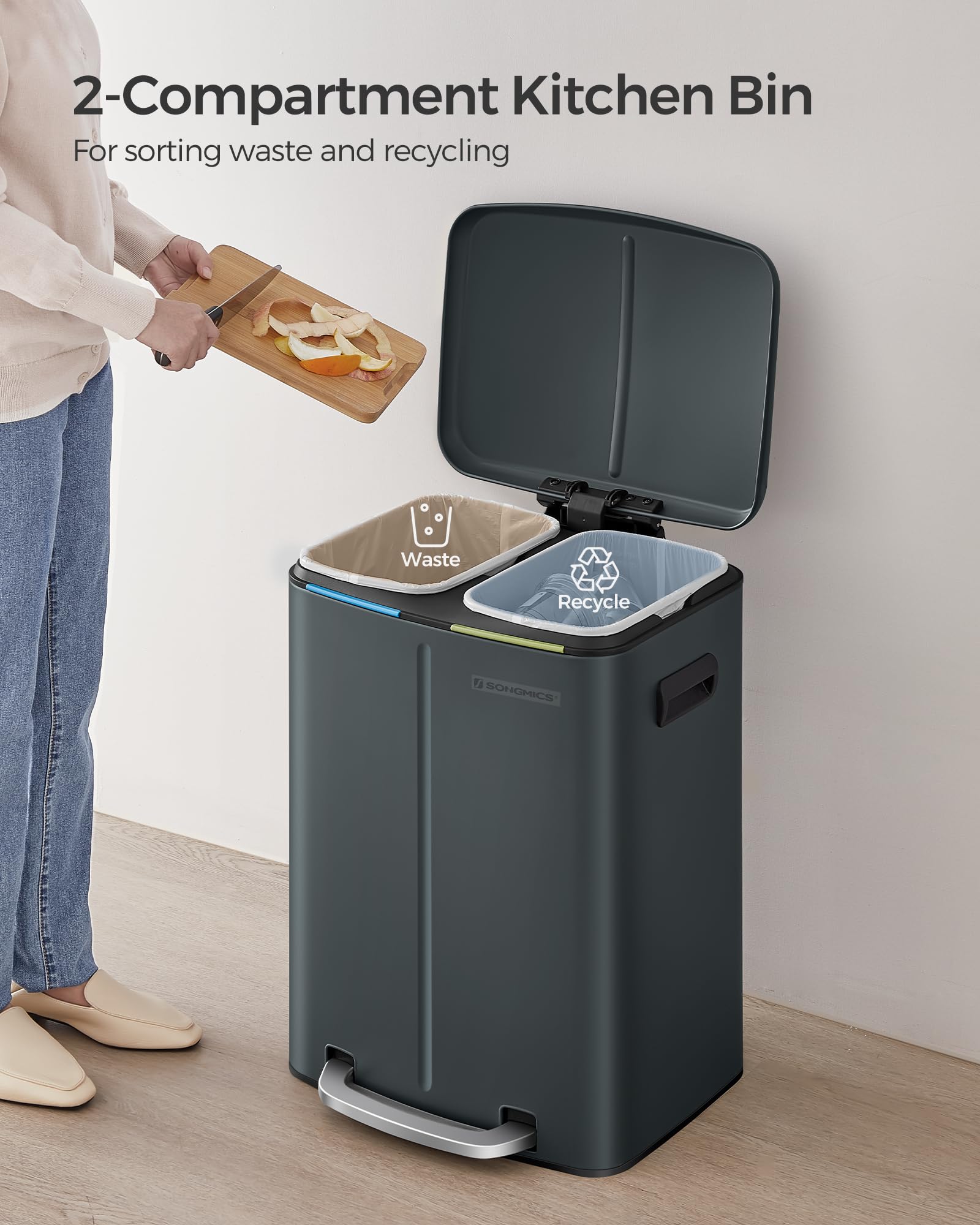 SONGMICS Grey-Green Kitchen Bin with Two 20L Inner Buckets | Steel Construction | Quiet Close 3