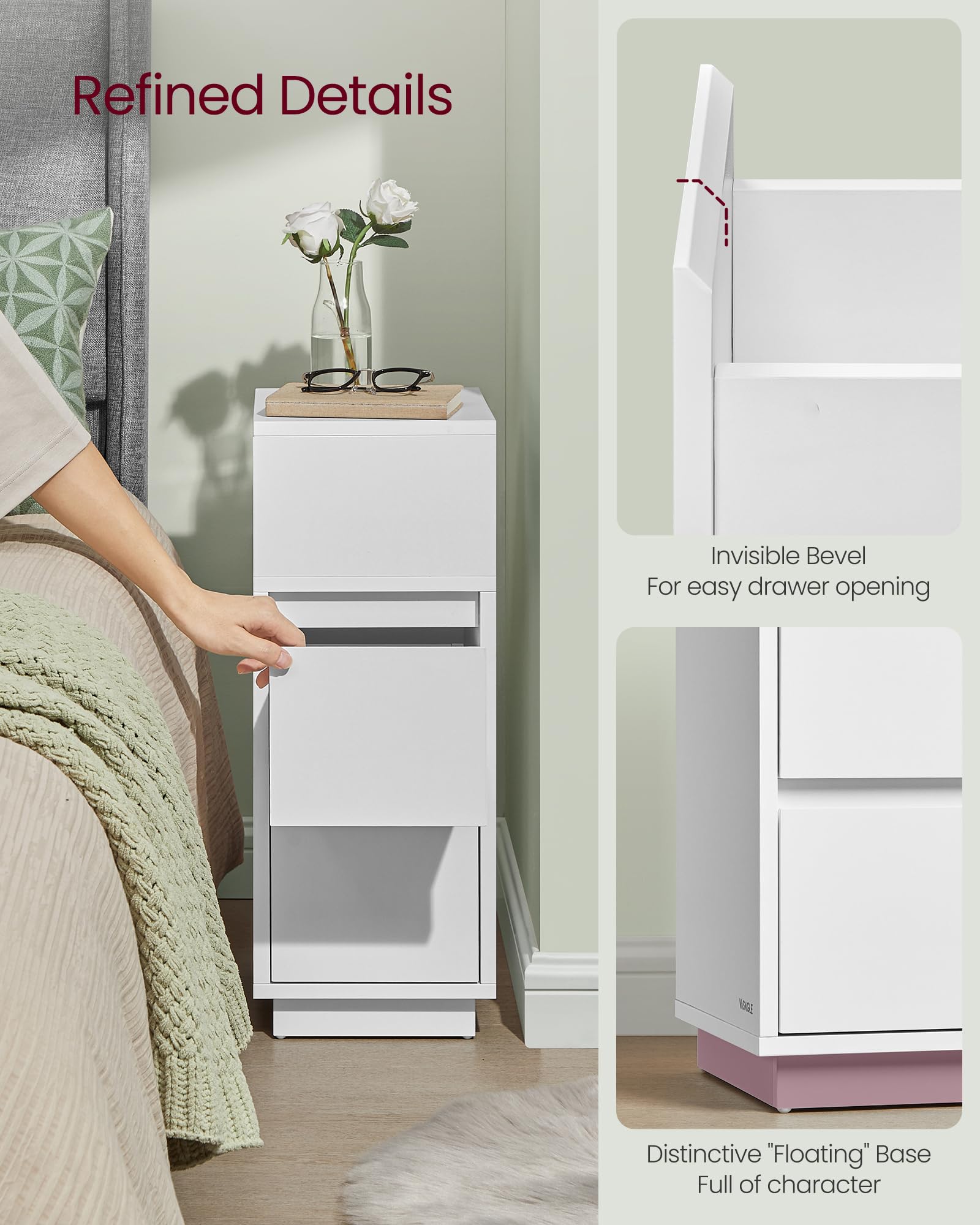VASAGLE Slim Bedside Table - Cloud White | 2 Drawers | Storage | 65 cm Height 6