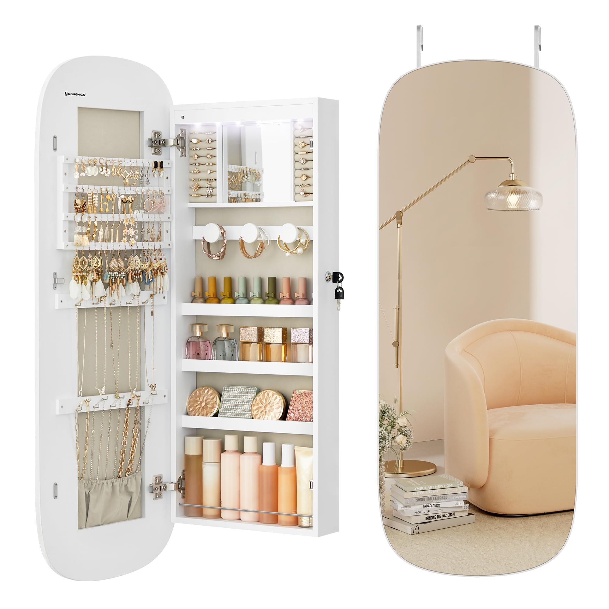 SONGMICS LED Mirror Jewellery Cabinet - Wall/Door Mounted | Lockable | White + Greige 2