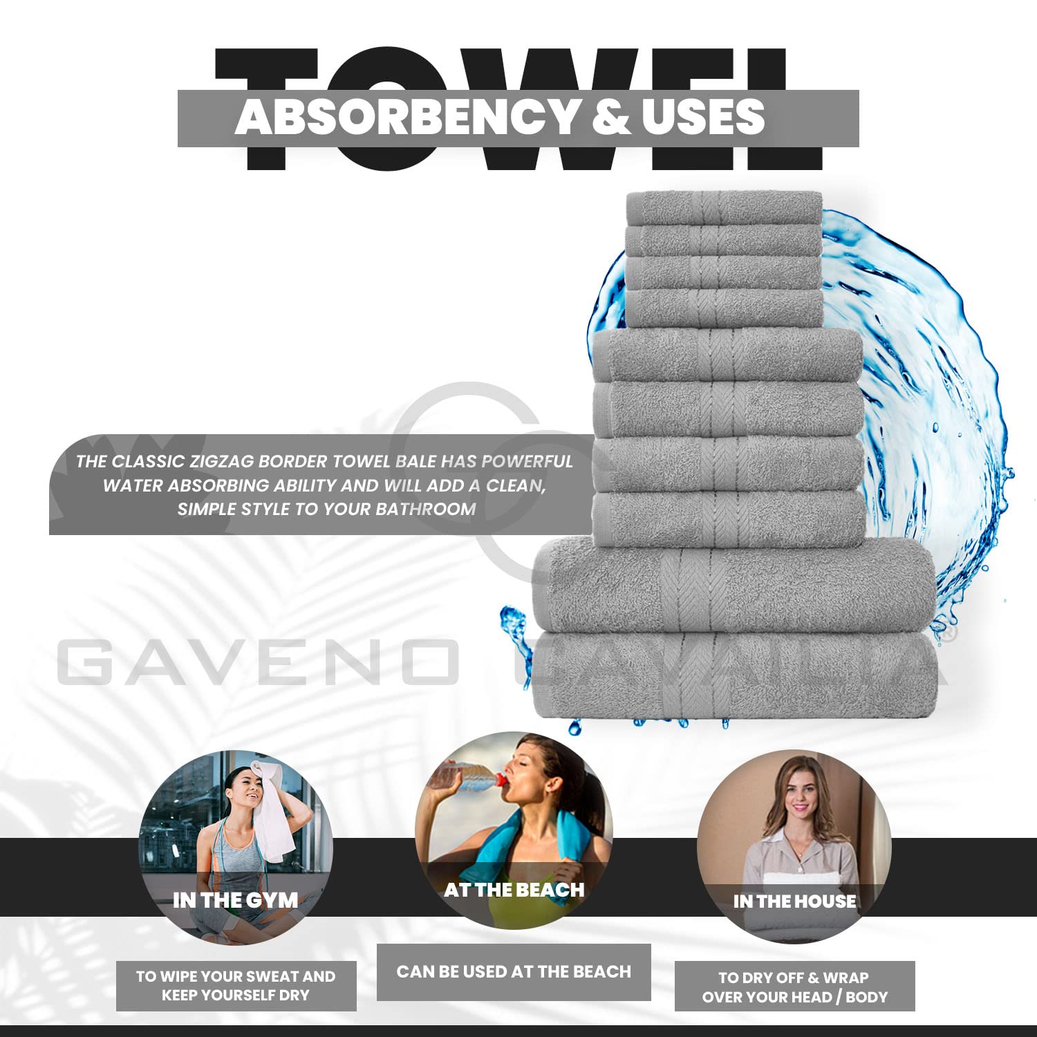 GC GAVENO CAVAILIA 10 Piece Towel Set - 450 GSM Cotton | Quick Drying | Silver 4