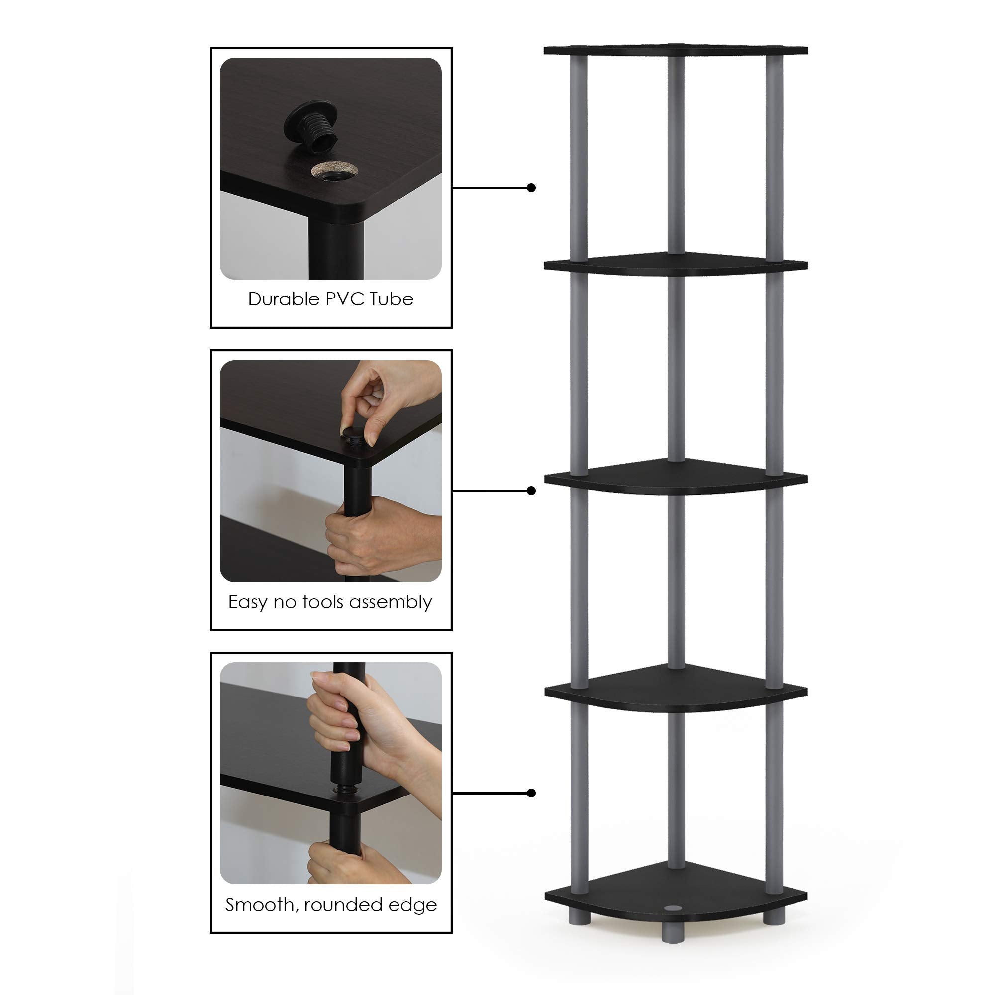 Furinno TURN-N-TUBE 5-Tier Corner Shelf Bookshelf | Black/Grey | Freestanding 6