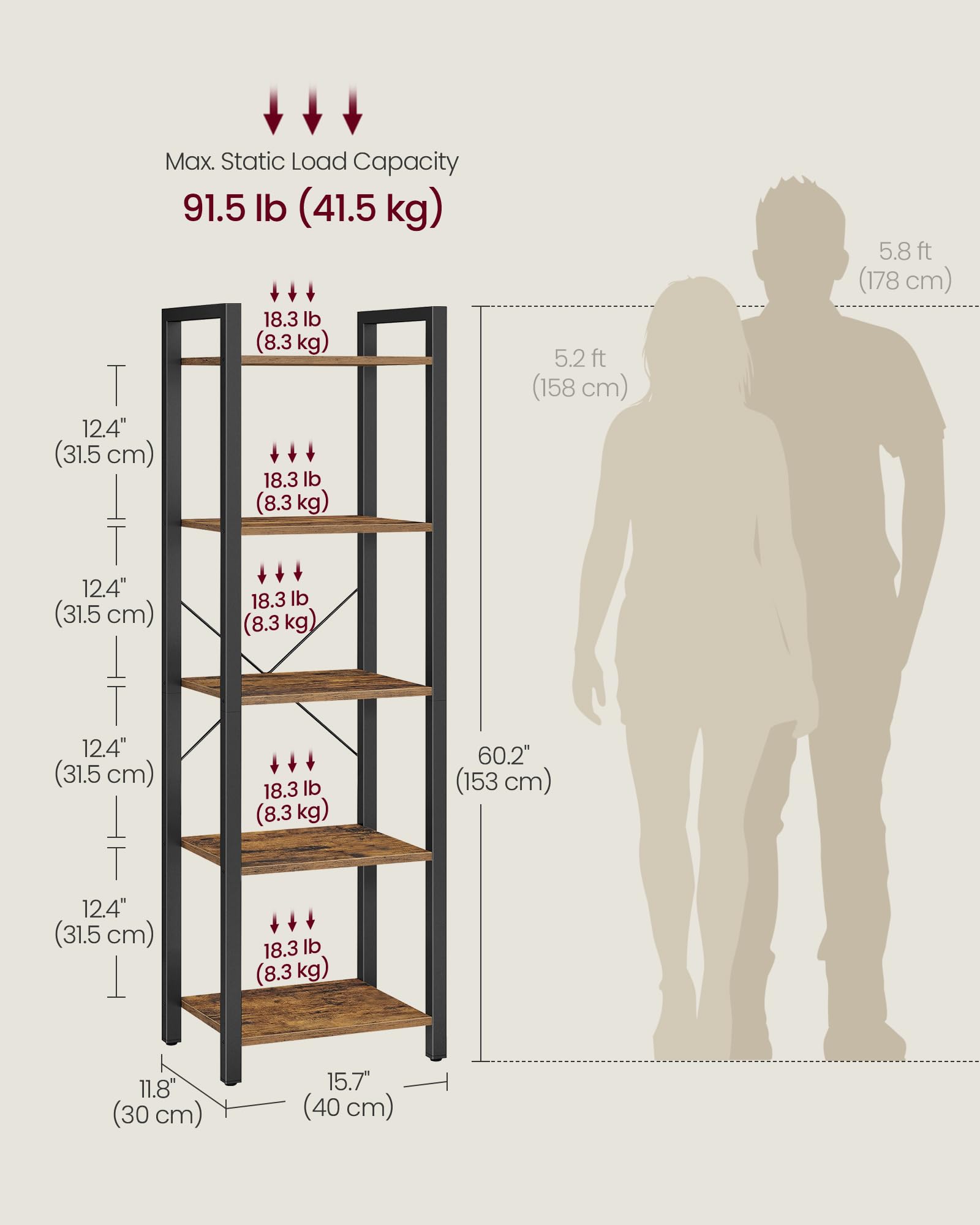 VASAGLE 5-Tier Bookshelf - Industrial Design | Rustic Brown & Ink Black | 30 x 39.6 x 154 cm 3