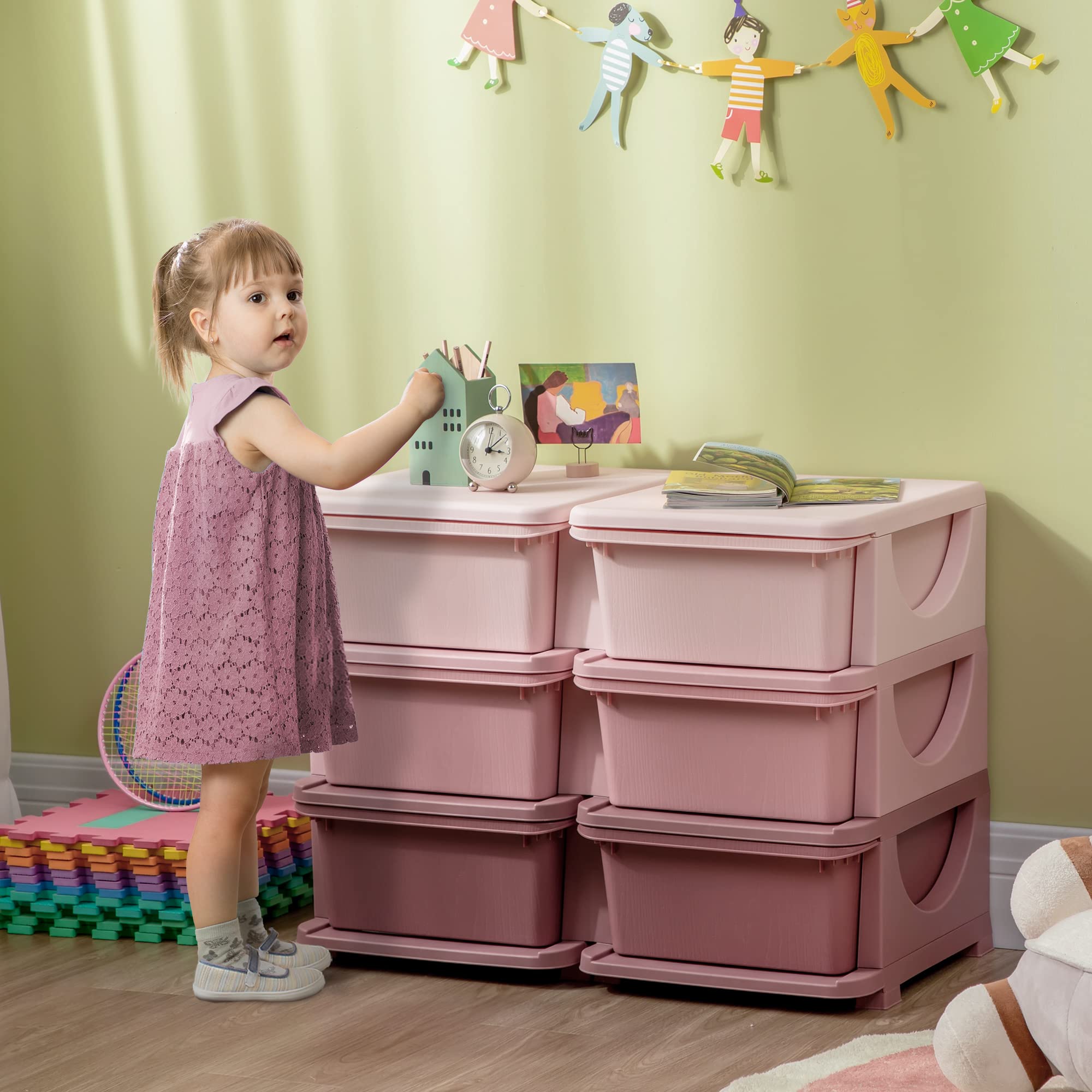 HOMCOM 6-Drawer Plastic Toy Storage Unit for Kids | 3-Tier Organization | Pink | 75L x 37W x 56.5H cm