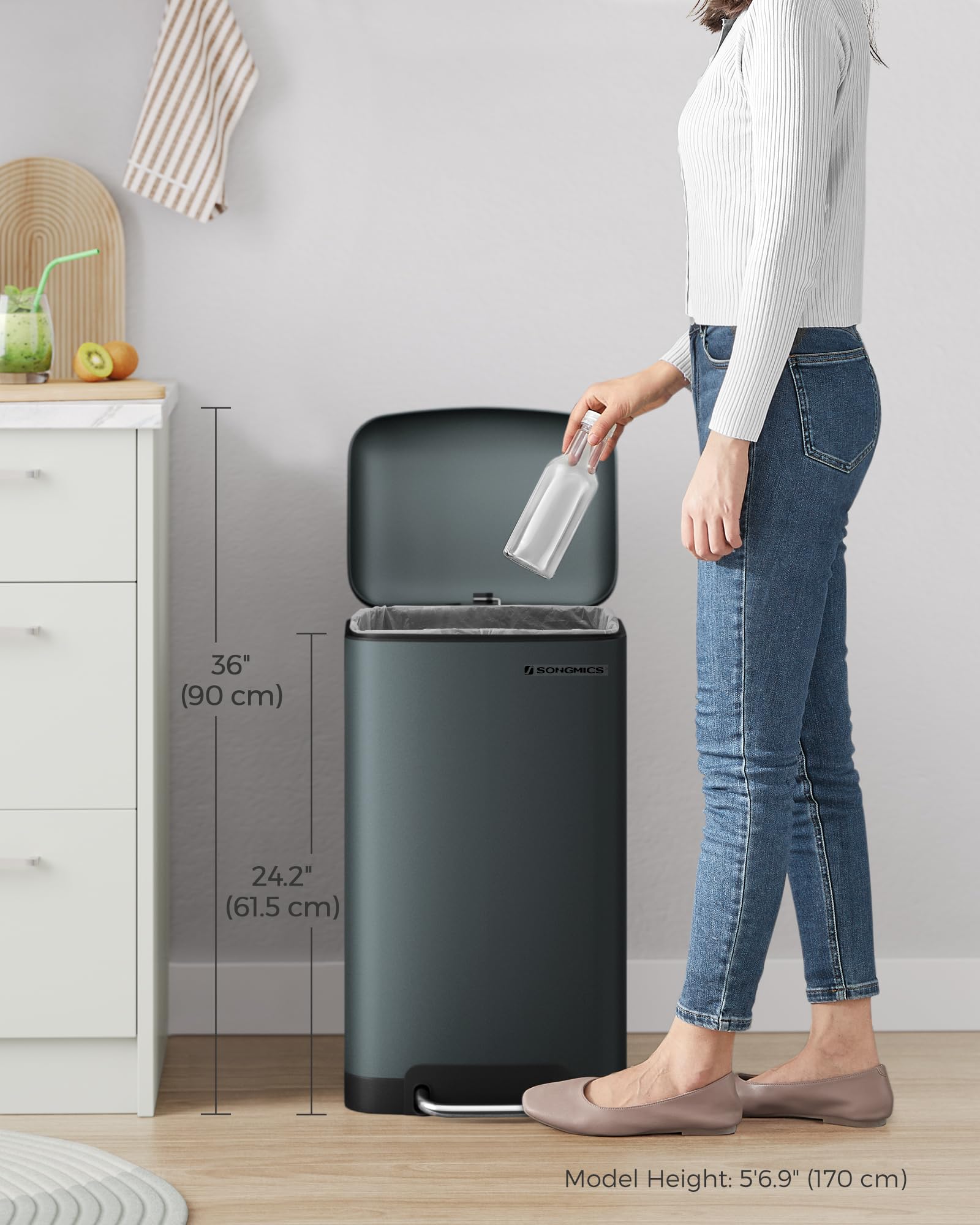SONGMICS Kitchen Bin - 8 Gallon (30L) Steel Pedal Bin with Soft Close Lid | Greenish-Grey 7