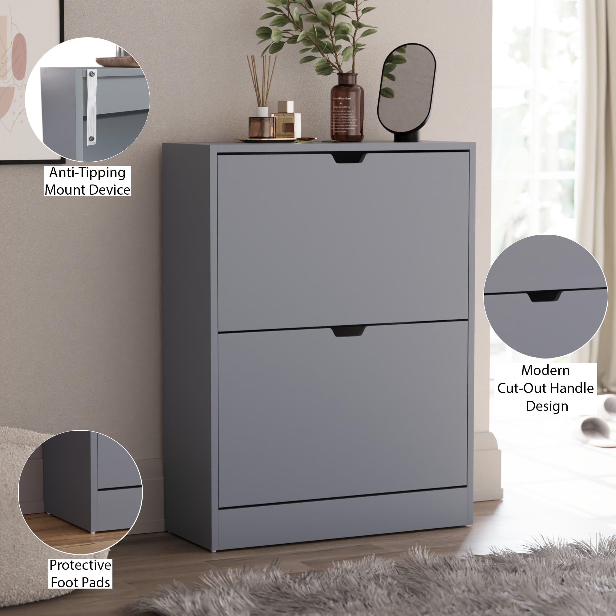 Vida Designs Wooden Shoe Cabinet - 2 Flip Drawers | Space-Saving Slim Design | Grey 8