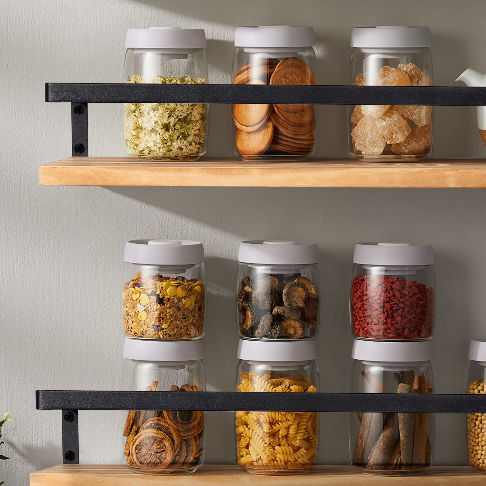 AGM Floating Shelves Wall Mounted Set of 2 Wooden Shelves for Kitchen/Bathroom Storage with Towel Bar & 8 S Hooks | Max Load 33lbs 8