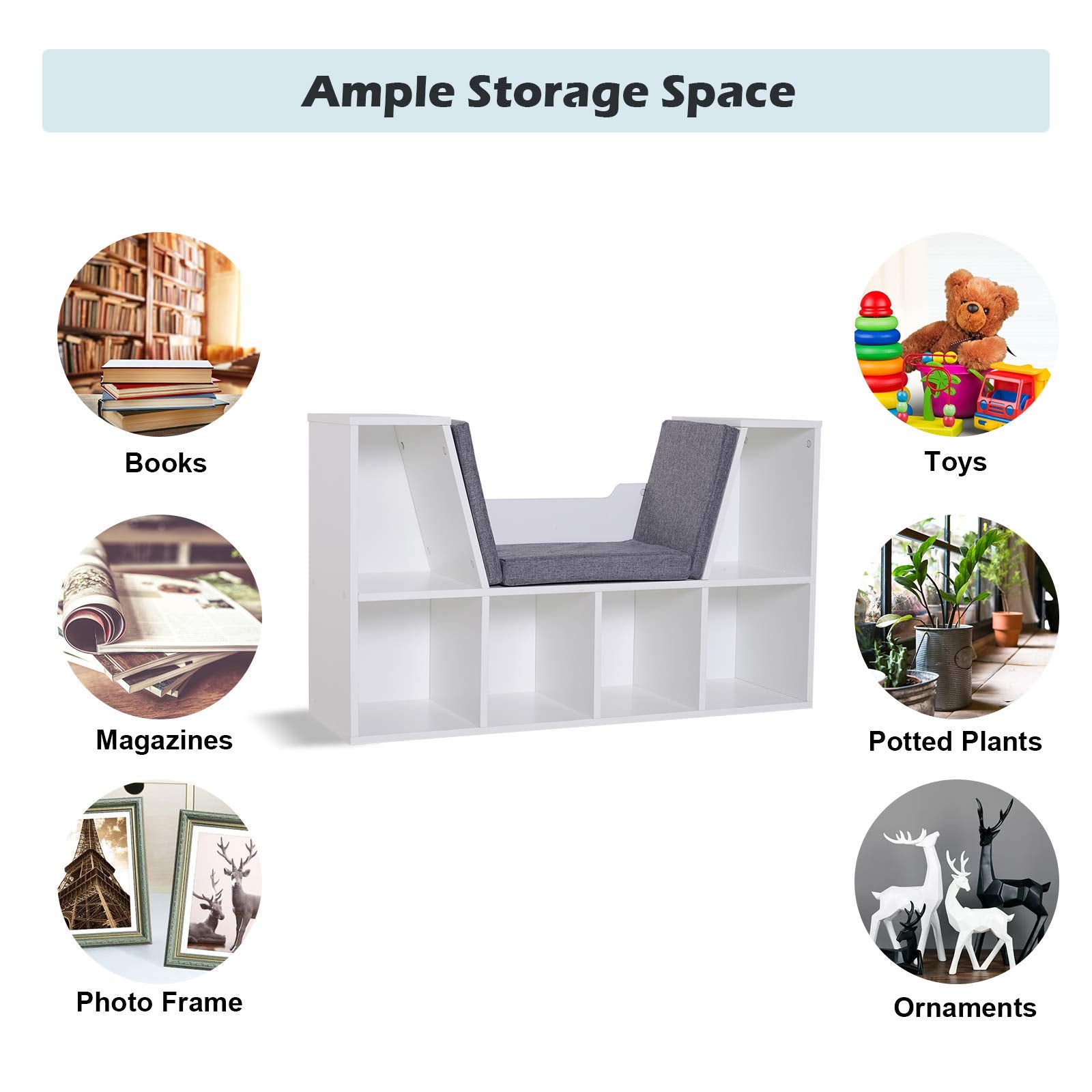 HOMCOM Bookcase Storage Shelf with Cushioned Reading Seat | 6 Cubbies | White Engineered Wood 5