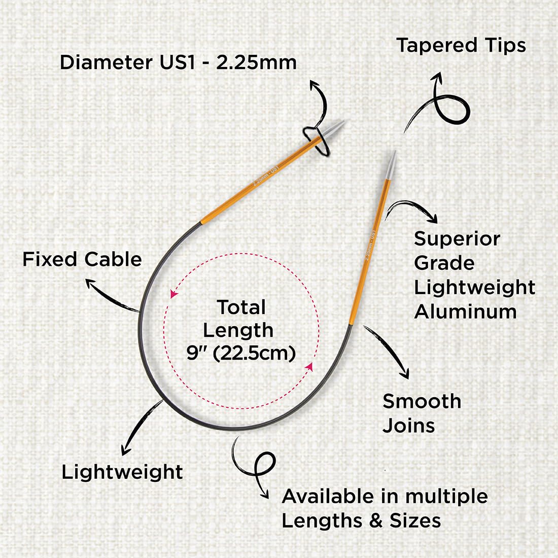 KnitPro Zing Fixed Circular Knitting Needles - 2.25mm | 9' (22.5cm) | Lightweight Aluminium 3