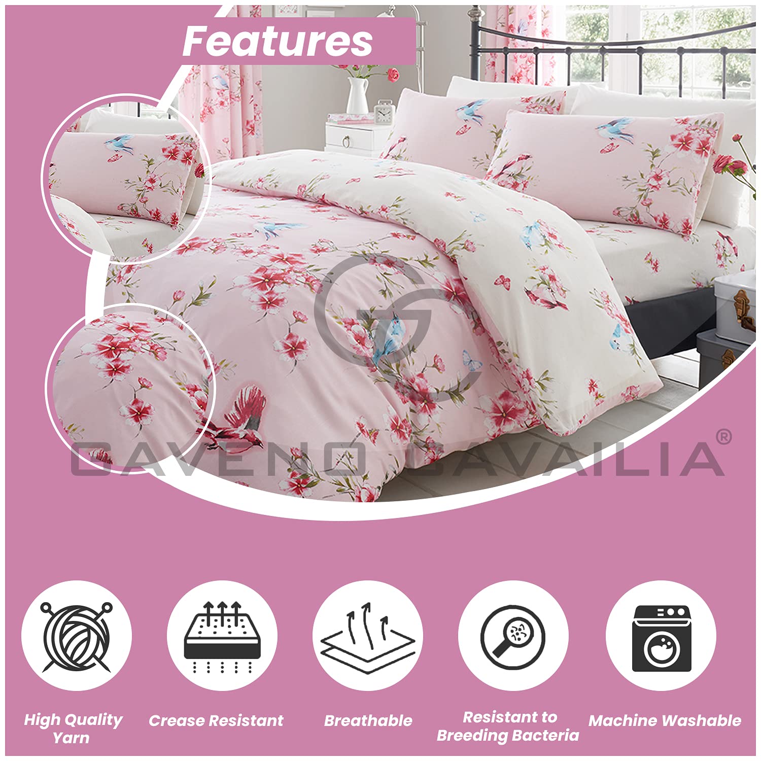 GC GAVENO CAVAILIA Single Duvet Cover Set - Pink Floral Reversible Polyester-Cotton 2 Piece 4