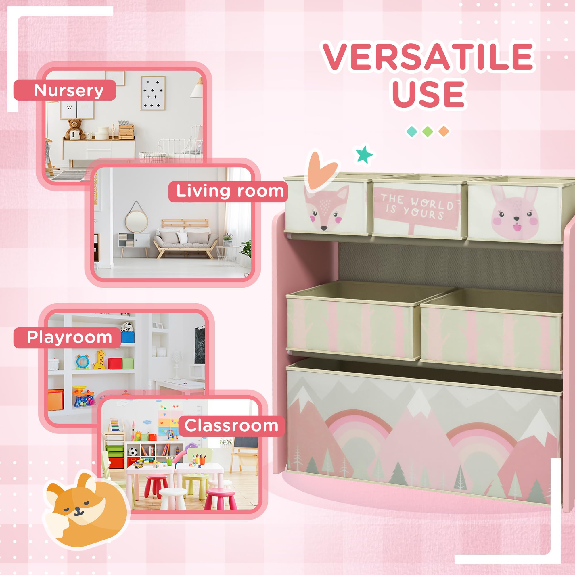 ZONEKIZ Kids Toy Storage Unit Organizer with 6 Detachable Fabric Bins | Pink | 63 x 30 x 66 cm 6