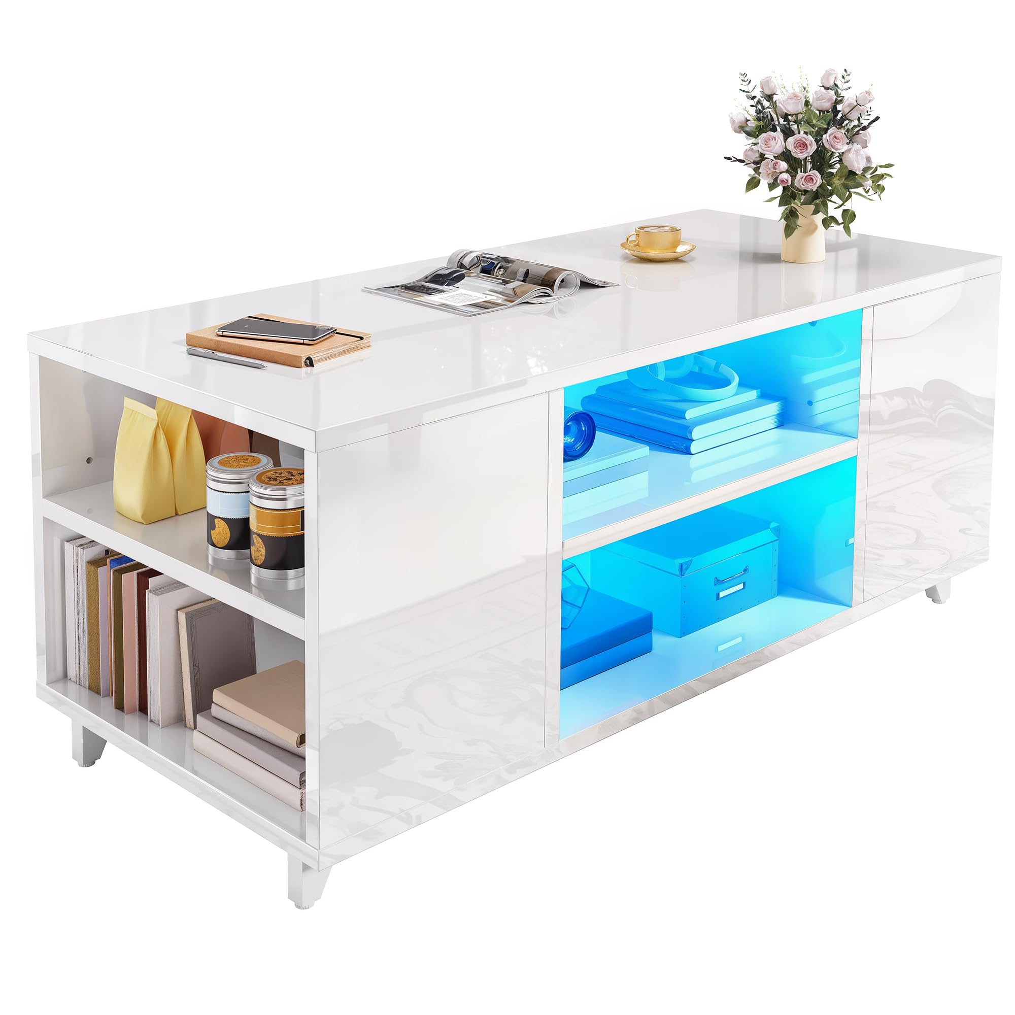 YITAHOME Modern Coffee Table with RGB Lighting | High Gloss White Finish | 97.5 x 48 cm 1