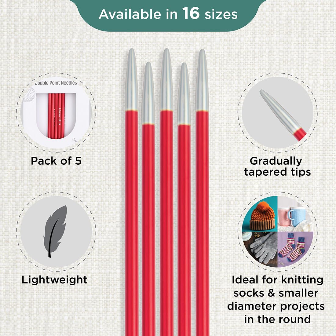 KnitPro Zing Double Pointed Needles - 2.50mm Size | 15cm Length | Lightweight Aluminium 3