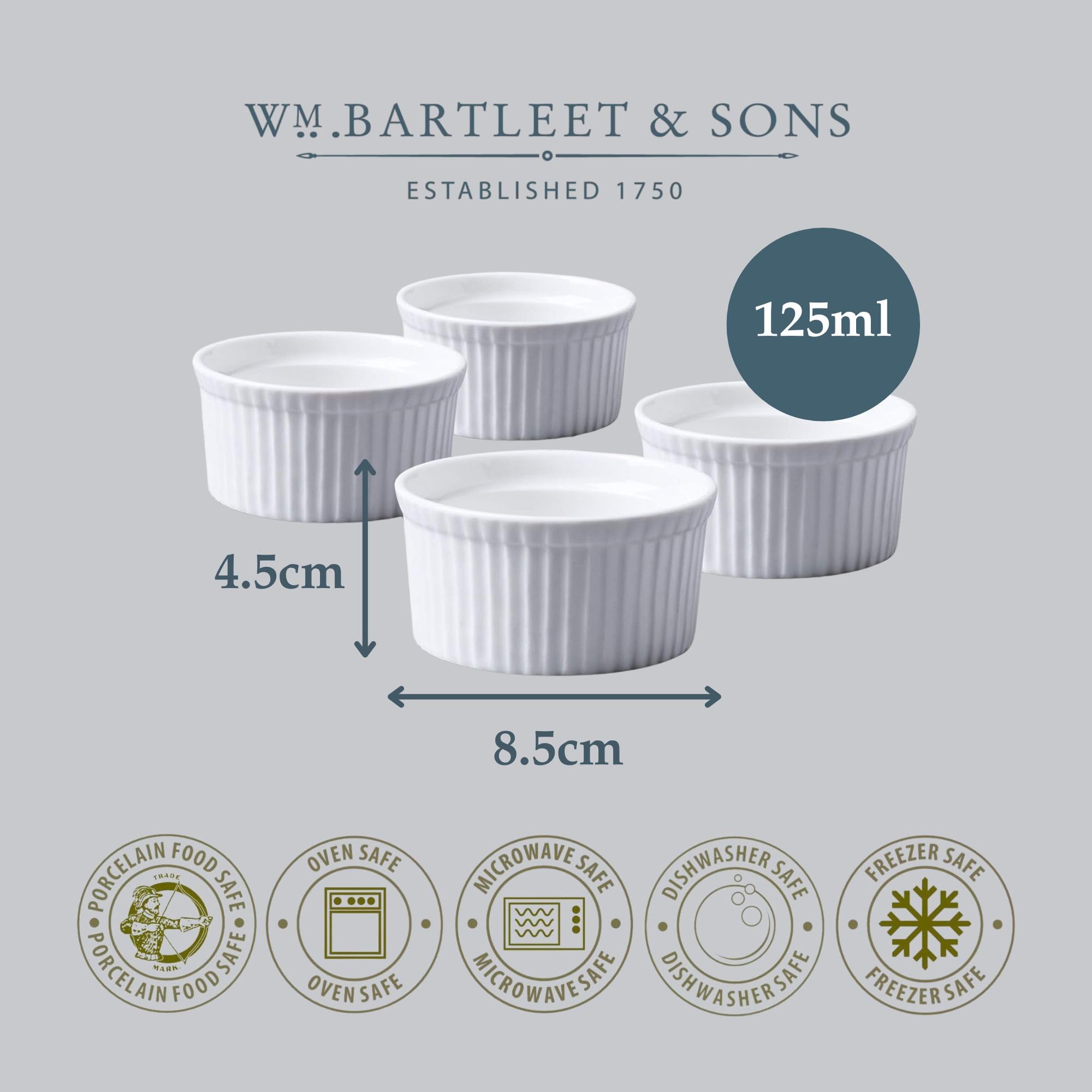 WM Bartleet & Sons 1750 Traditional Porcelain Ramekins - Set of 4, 9cm Diameter | Oven, Microwave, Freezer Safe 7