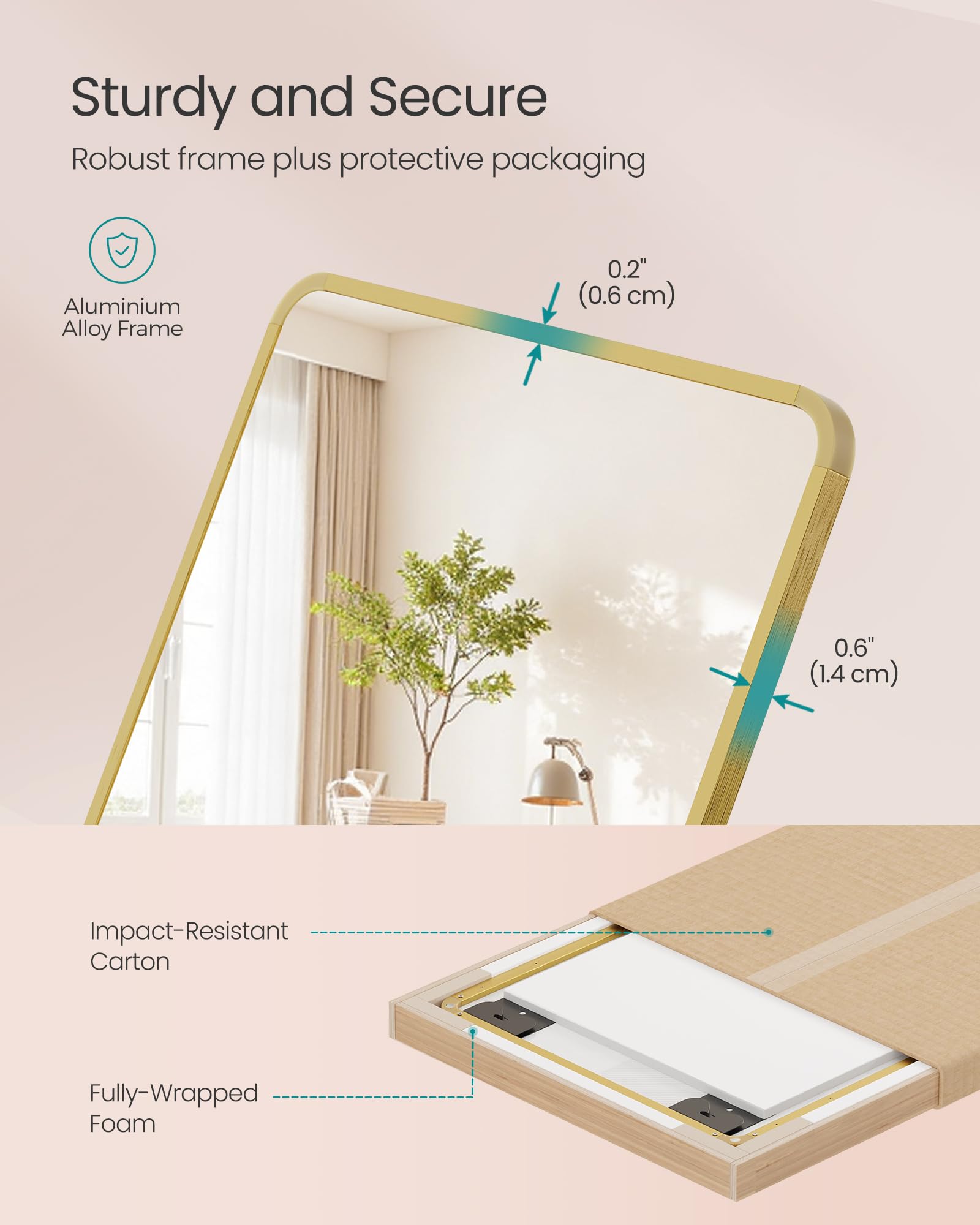 SONGMICS Full Length Wall-Mounted Mirror - 120 x 40 cm Rectangular | Pale Gold | Tempered Glass 7