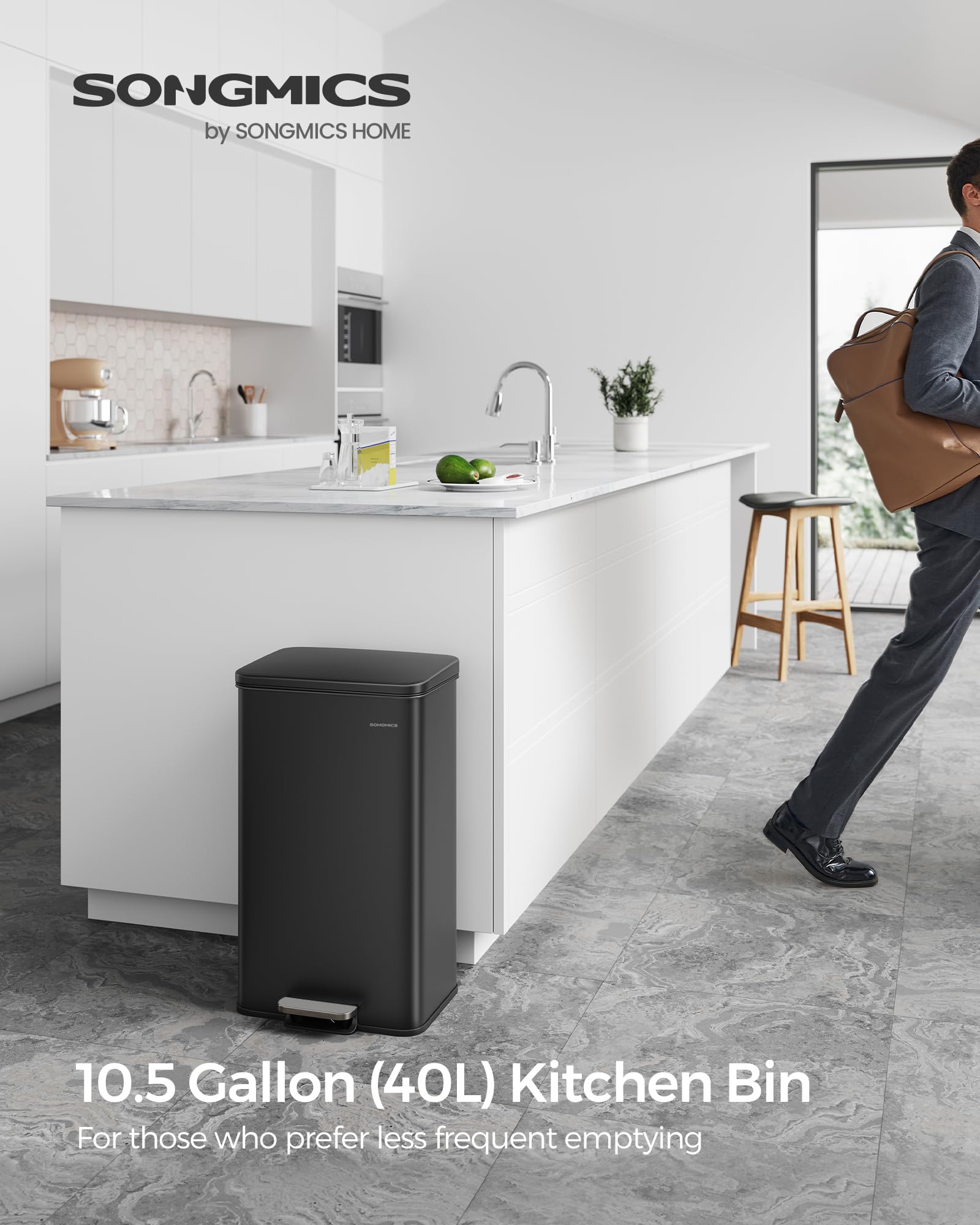 SONGMICS Kitchen Bin - 40L Capacity | Soft Close Lid | Black Alloy Steel 2