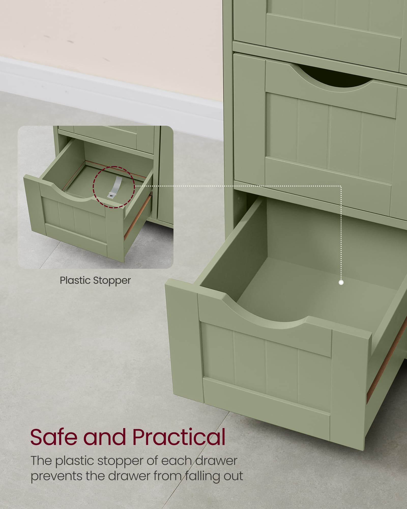 VASAGLE Bathroom Floor Storage Cabinet with 4 Drawers | Laurel Green | Engineered Wood 7