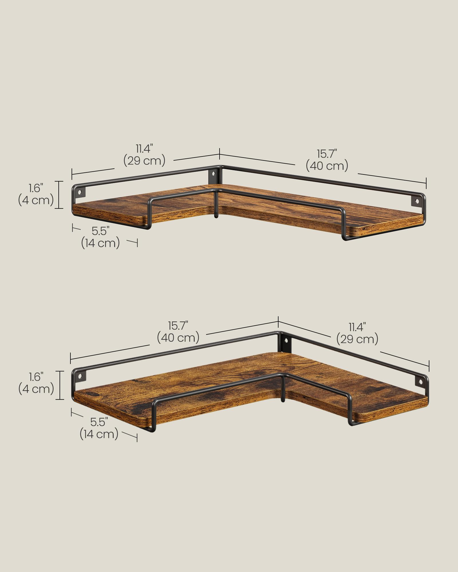 VASAGLE Floating Corner Shelves - Set of 3, Rustic Brown & Black, Industrial Style | Max Load 11 lb 3