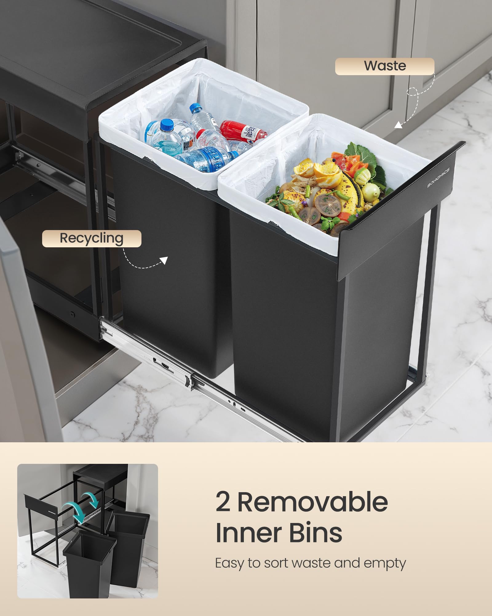 SONGMICS Built-in Kitchen Waste Separation System - 2 Compartments (2 x 15L) | Alloy Steel Frame 5