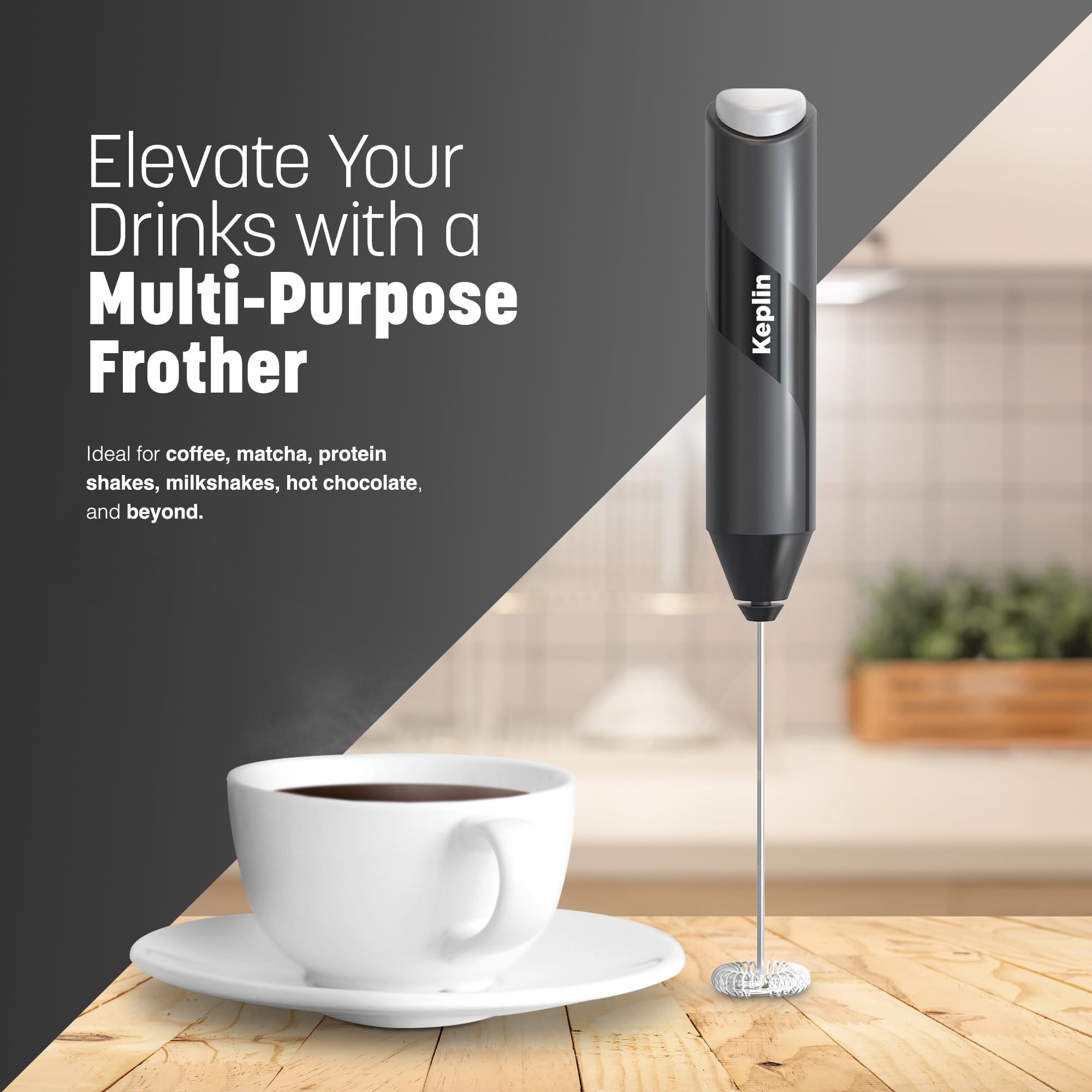 KEPLIN Handheld Milk Frother - Stainless Steel Electric Whisk | Portable | Black