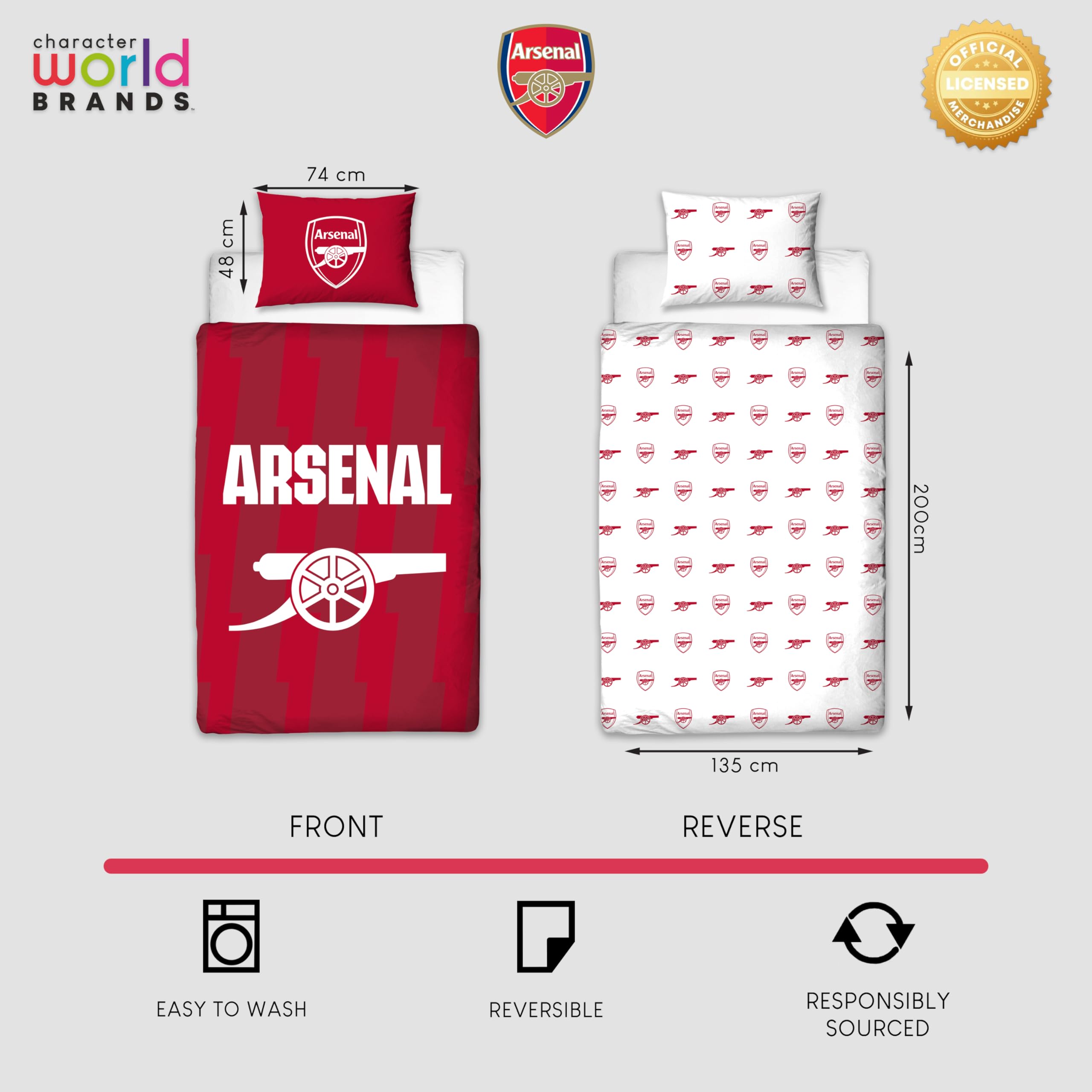 Character World Arsenal FC Official Single Duvet Cover Set | Reversible Polycotton | Includes Pillowcase 9