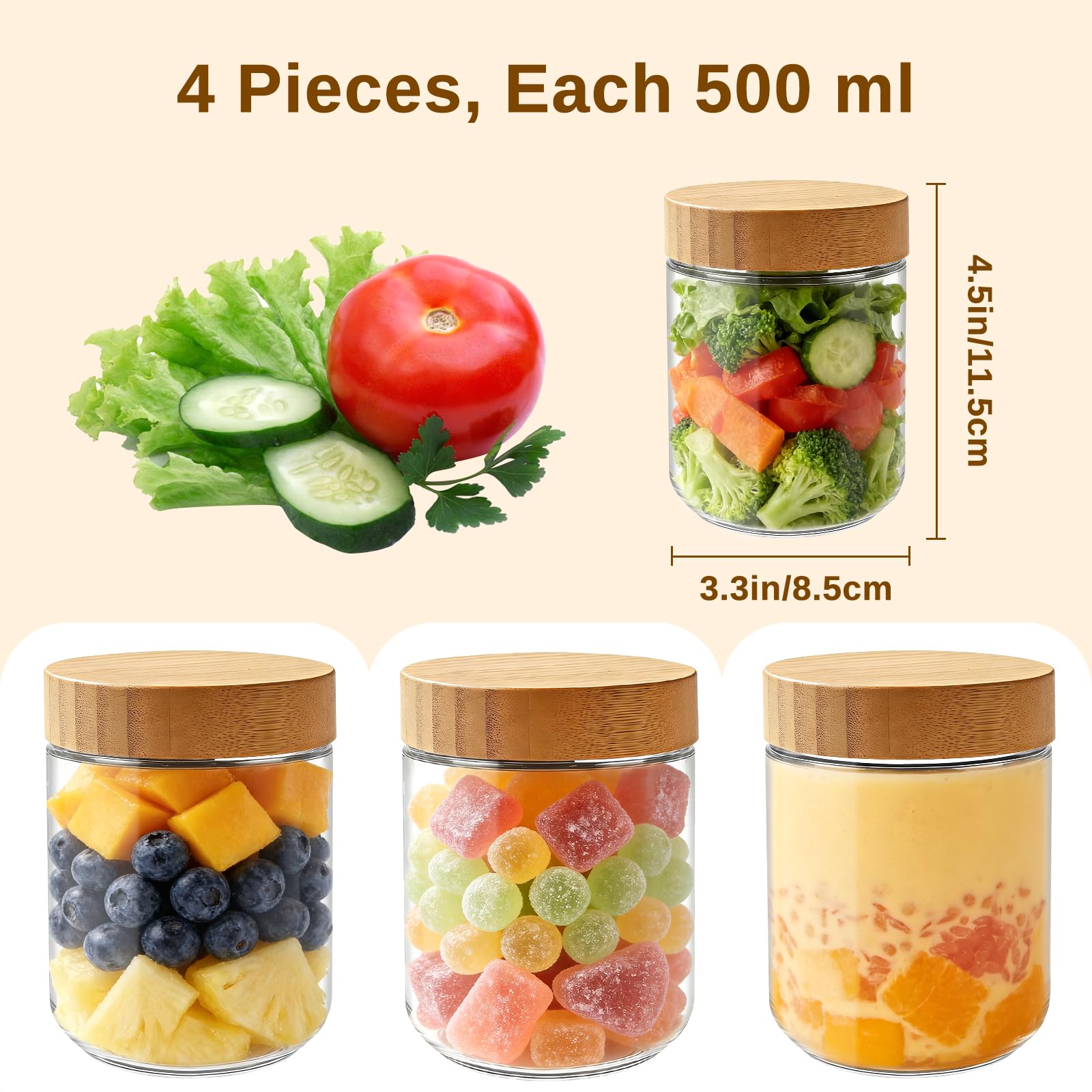 MOXYOY Overnight Oats Jars with Lids - 4 Pack Glass Containers, Airtight & Leakproof | 500ml 2
