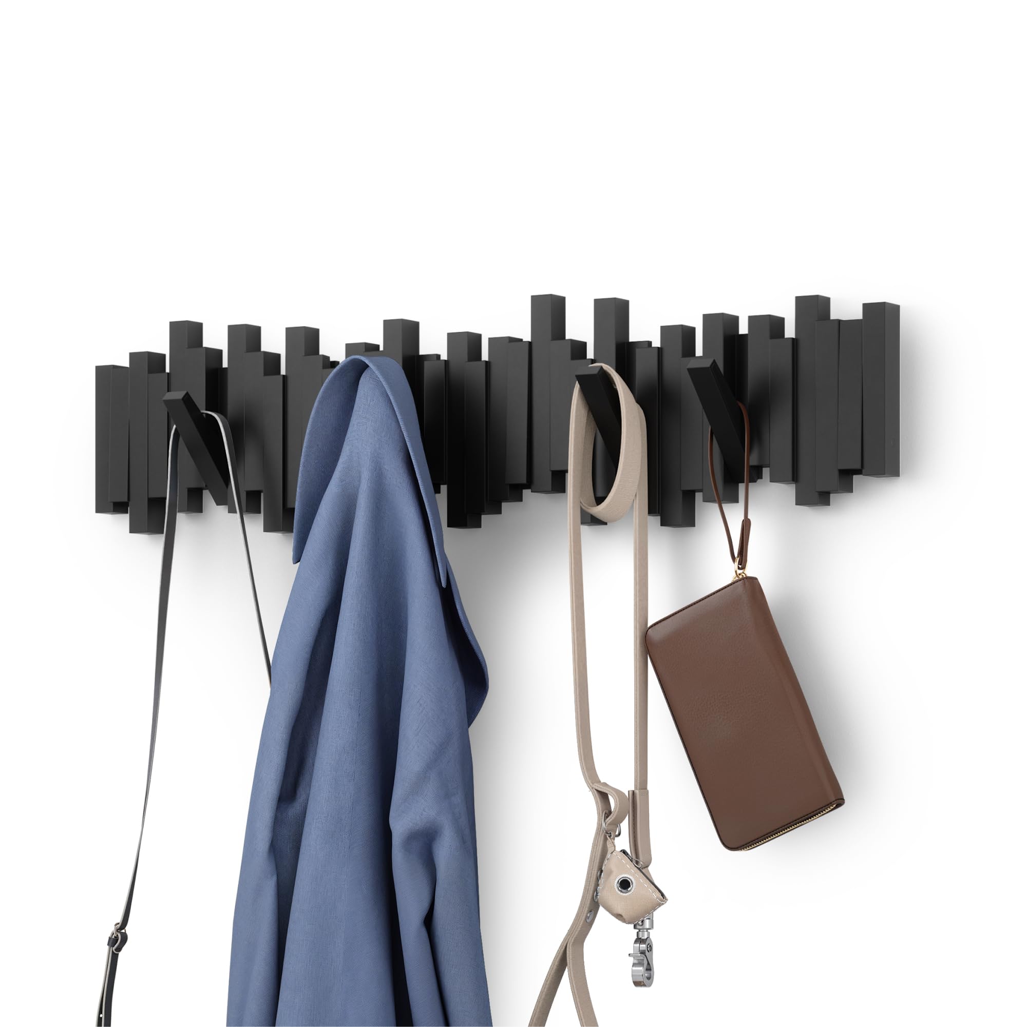 Umbra Sticks Wall-Mounted Coat Rack Rail Hook - 8 Retractable Pegs | Black | Polystyrene 1
