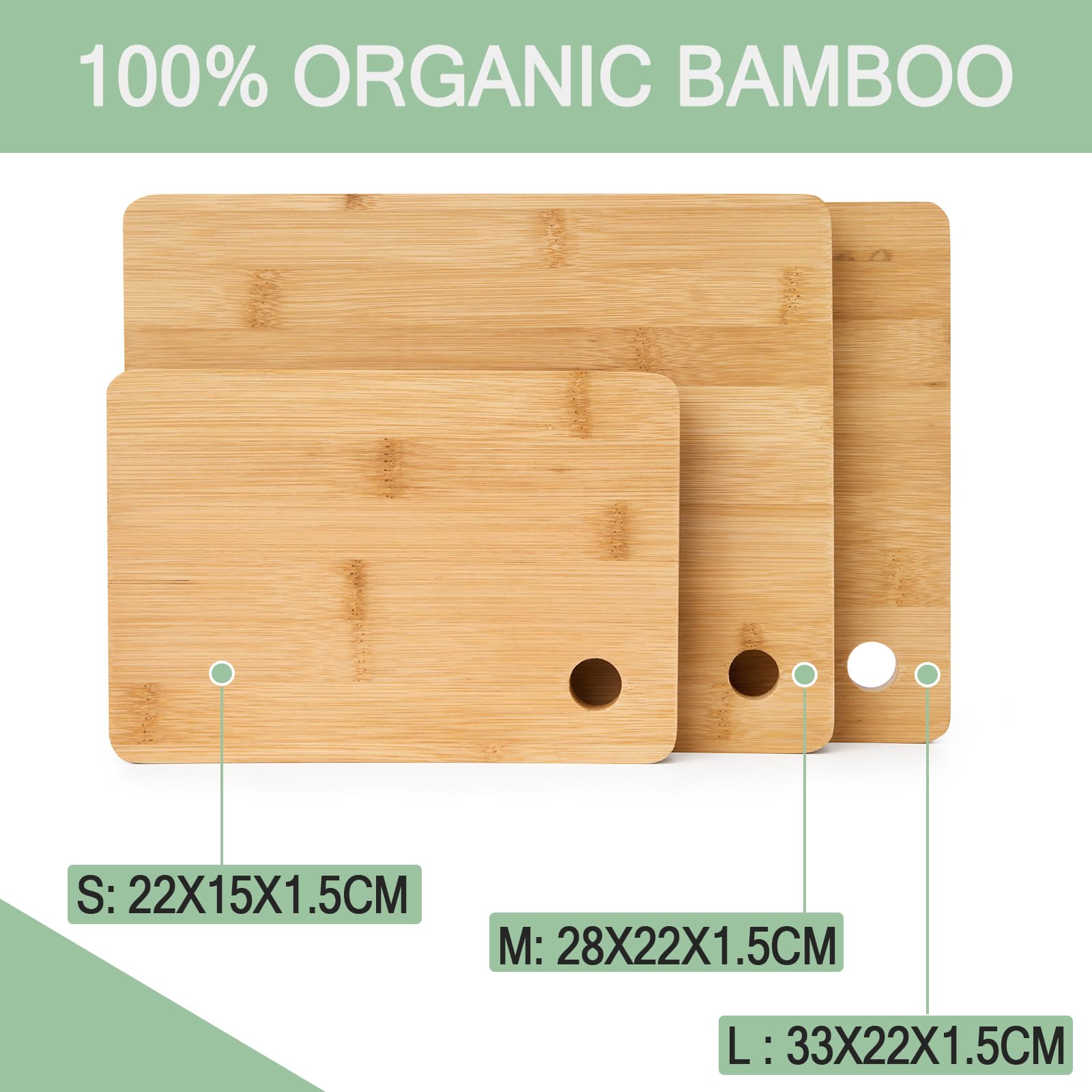 Vivo Technologies Bamboo Chopping Boards Set - 3 Piece, 1.5cm Thick, Organic Material 6