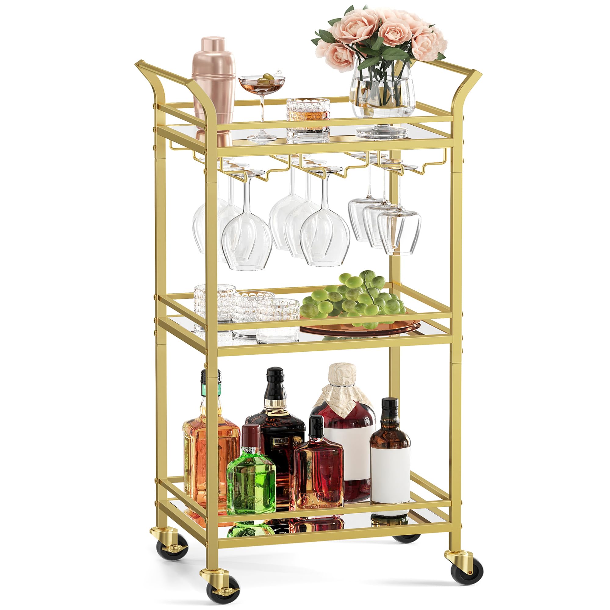 VASAGLE 3-Tier Drinks Trolley - Gold Bar Cart with Mirrored Glass Shelves | 30x46.8x92 cm