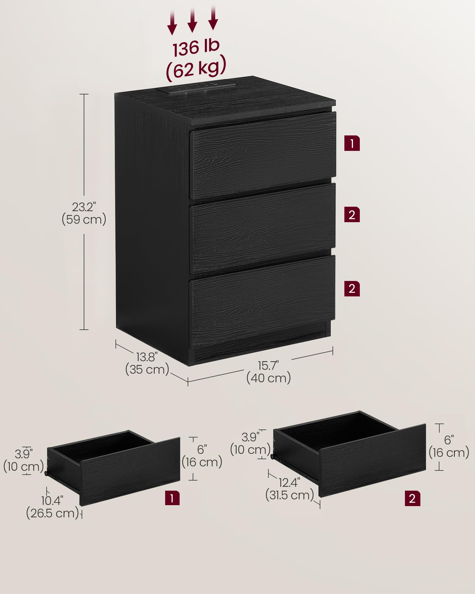 VASAGLE KAILYN Collection - Bedside Tables with Power Strip, Set of 2 | Ebony Black 2