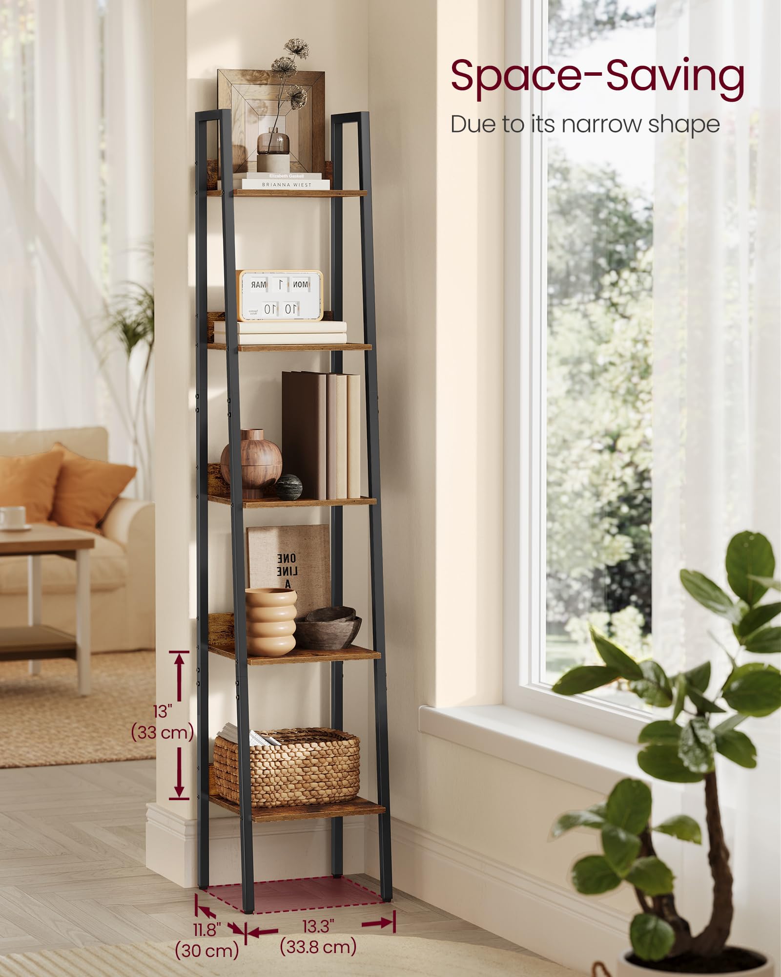 VASAGLE 5-Tier Ladder Bookcase Storage Stand | Rustic Brown & Black | Industrial Style | 50kg Capacity 3