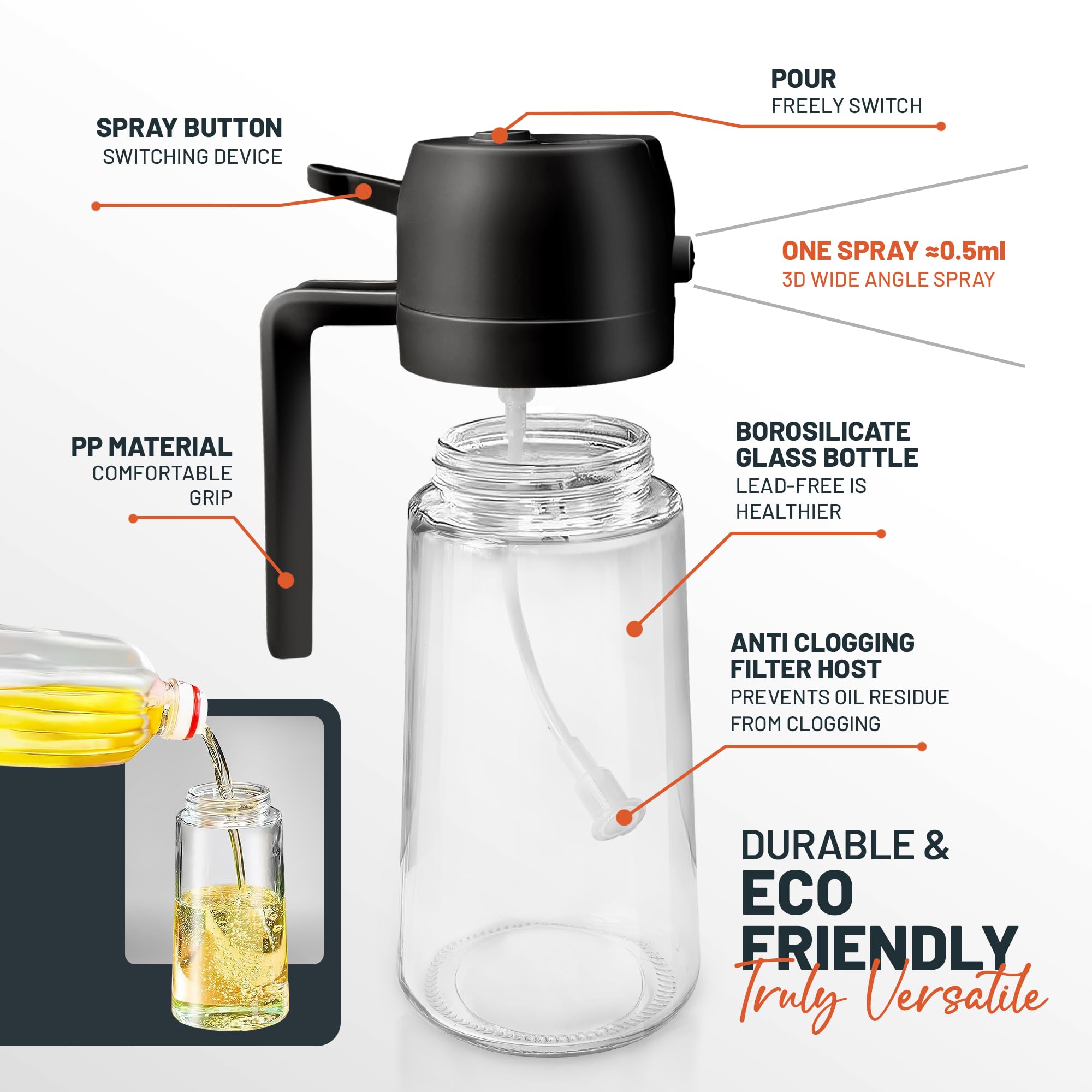 PORTENTUM 500ml Glass Oil Sprayer Dispenser - 2 in 1 Spray & Pour for Cooking | Refillable 4