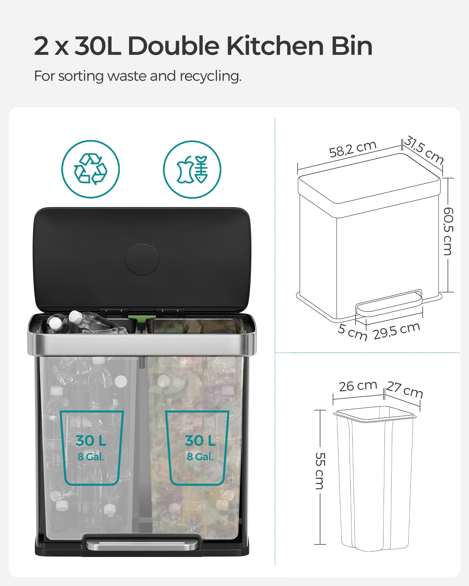 SONGMICS Kitchen Waste Separation System - 2 x 30L Compartments | Stainless Steel Pedal Bin 4