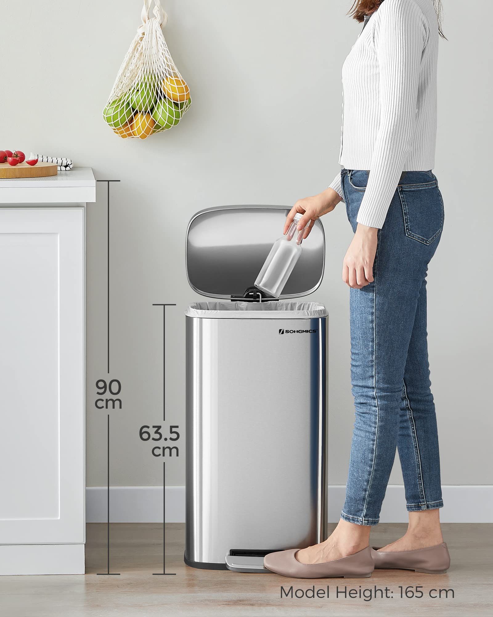 SONGMICS 30L Kitchen Bin - Soft-Close Pedal Bin with Inner Bucket | Steel, Silver LTB03NL 8