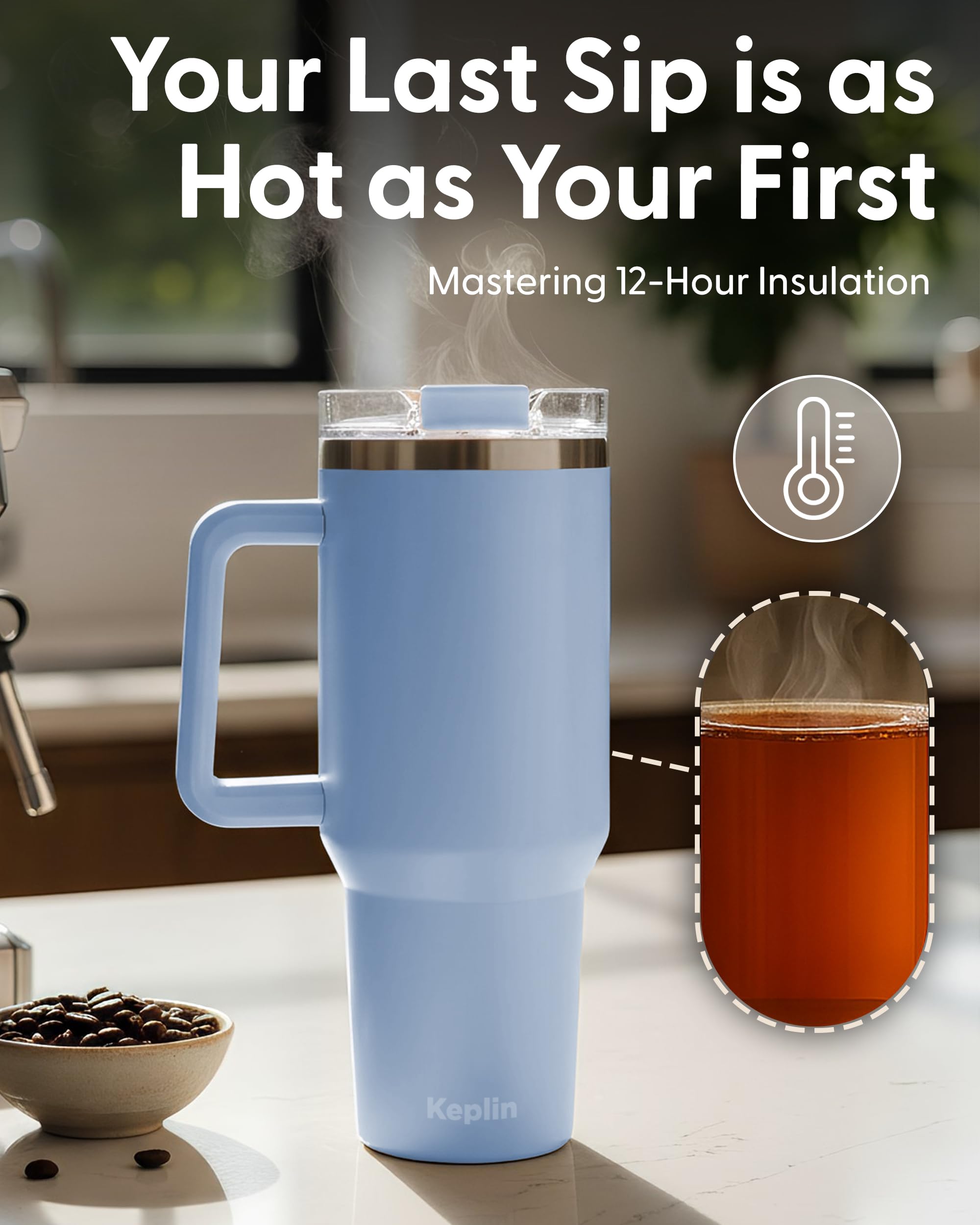 KEPLIN 40 oz / 1200 ml Insulated Travel Tumbler – Double Wall Stainless Steel | Light Blue 7