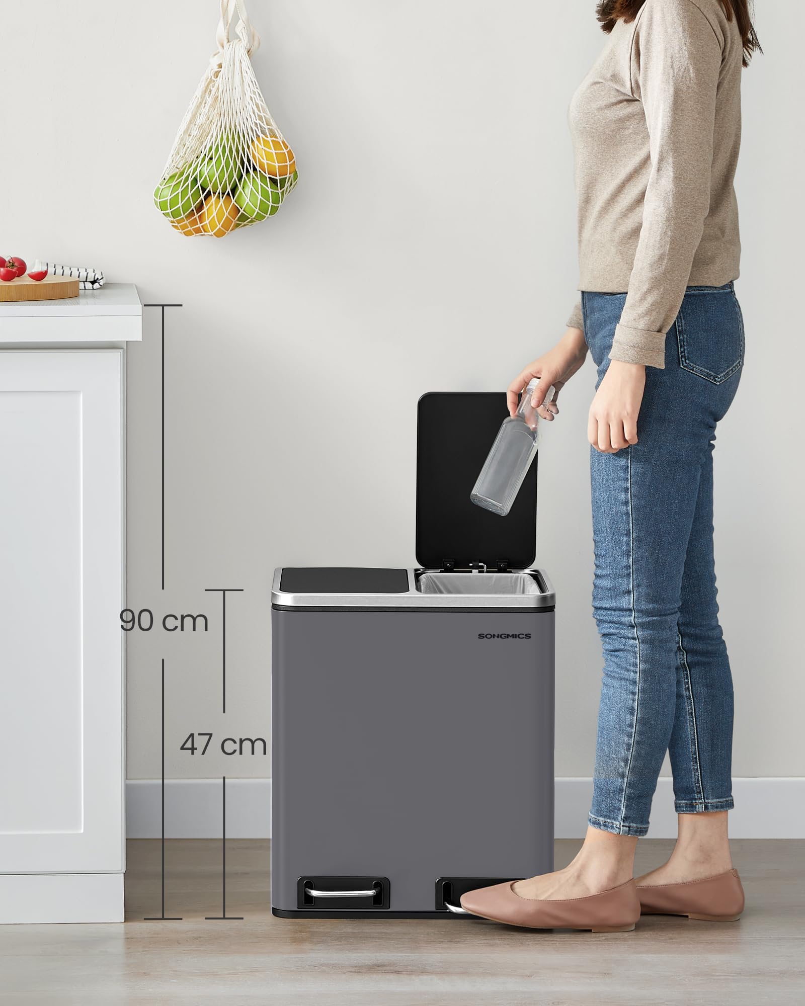 SONGMICS Dual Rubbish Bin - 2 Compartment Recycling Bin with Pedals, Soft Closure | 2 x 15 L | Slate Grey 2
