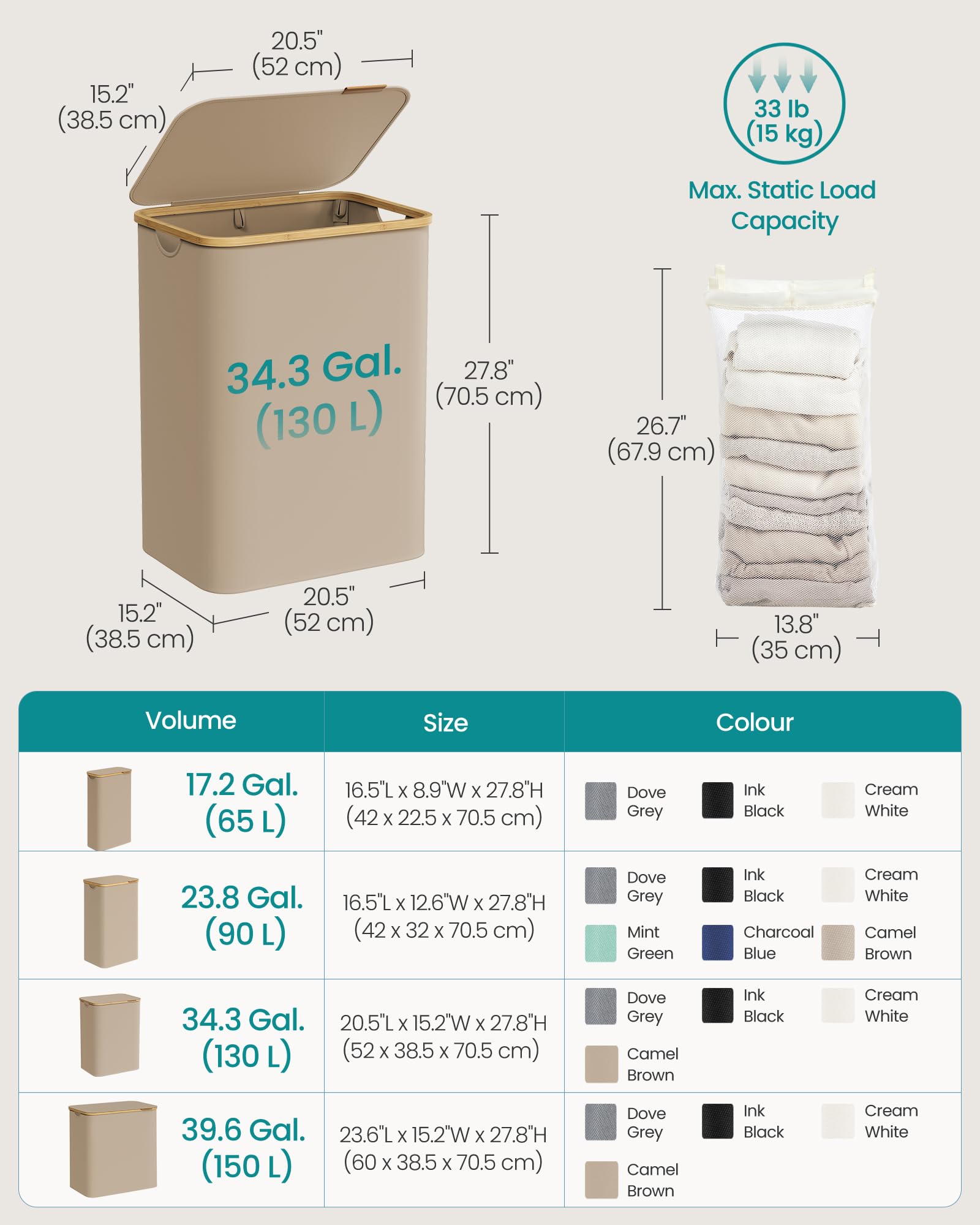 SONGMICS 2-Section Laundry Basket with Lid - 130 L Capacity, Collapsible, Camel Brown 6