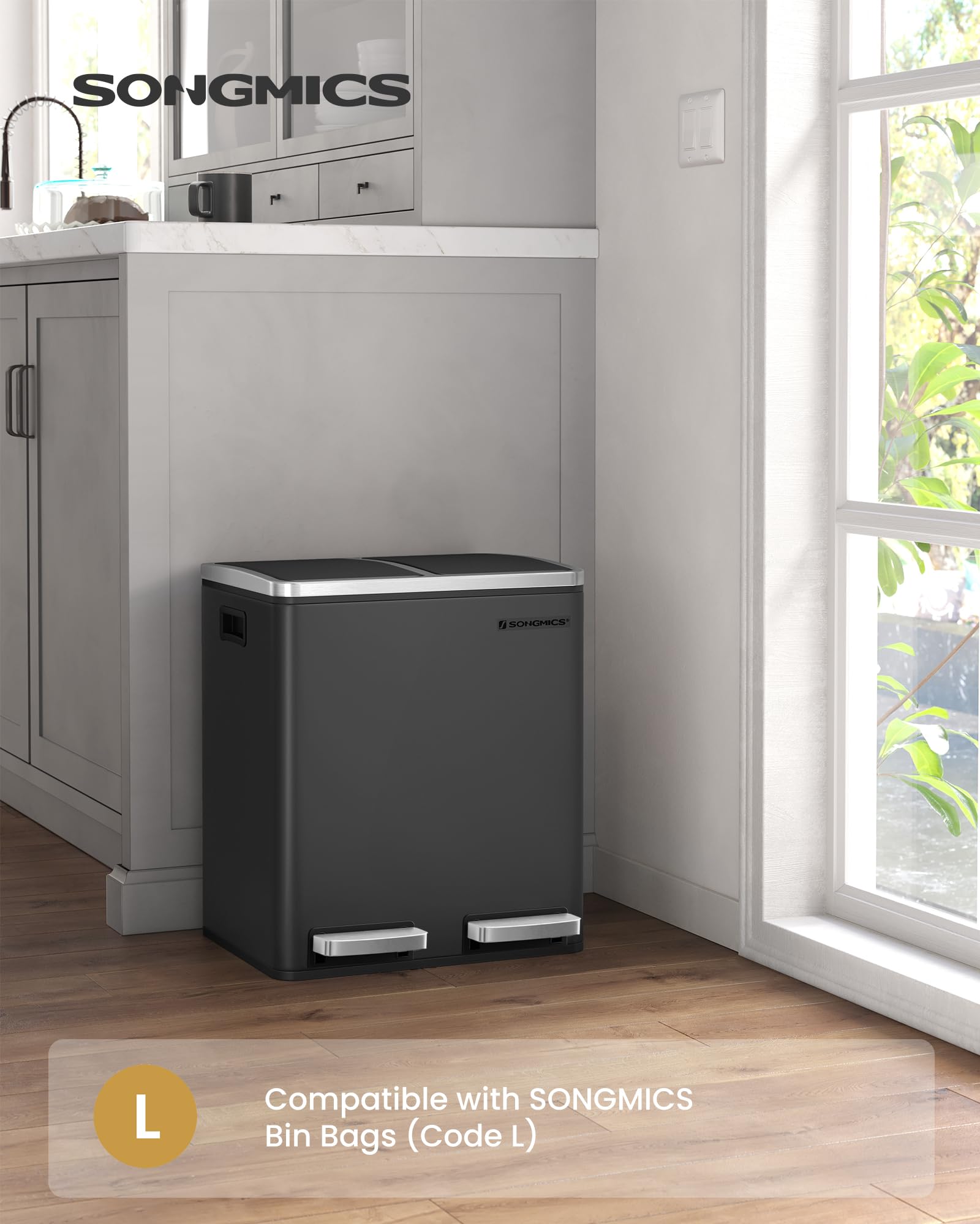 SONGMICS Dual Rubbish Bin - 2 Compartment Recycling Bin with Pedals | 2 x 15 L | Black 3