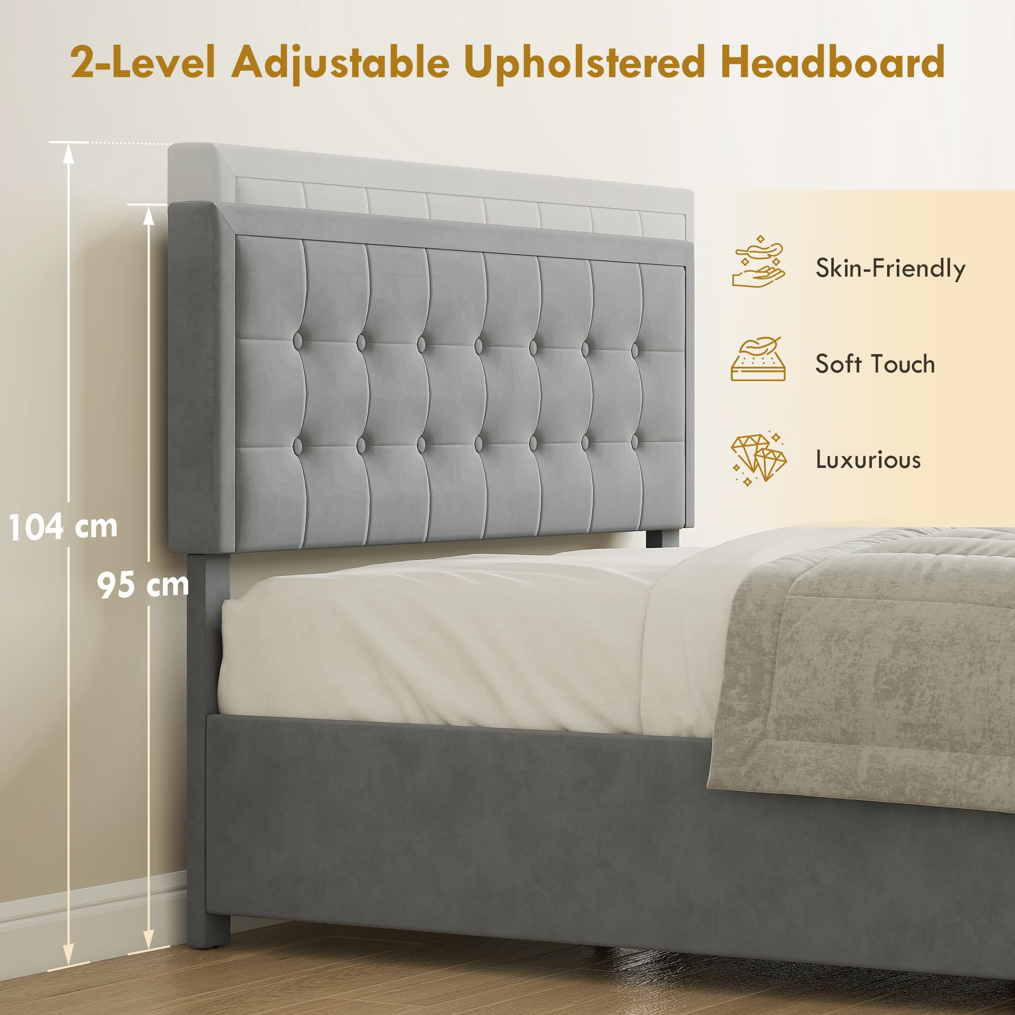 HOMCOM Upholstered Ottoman Bed Frame - Grey Double with Storage Drawer & Adjustable Headboard 3