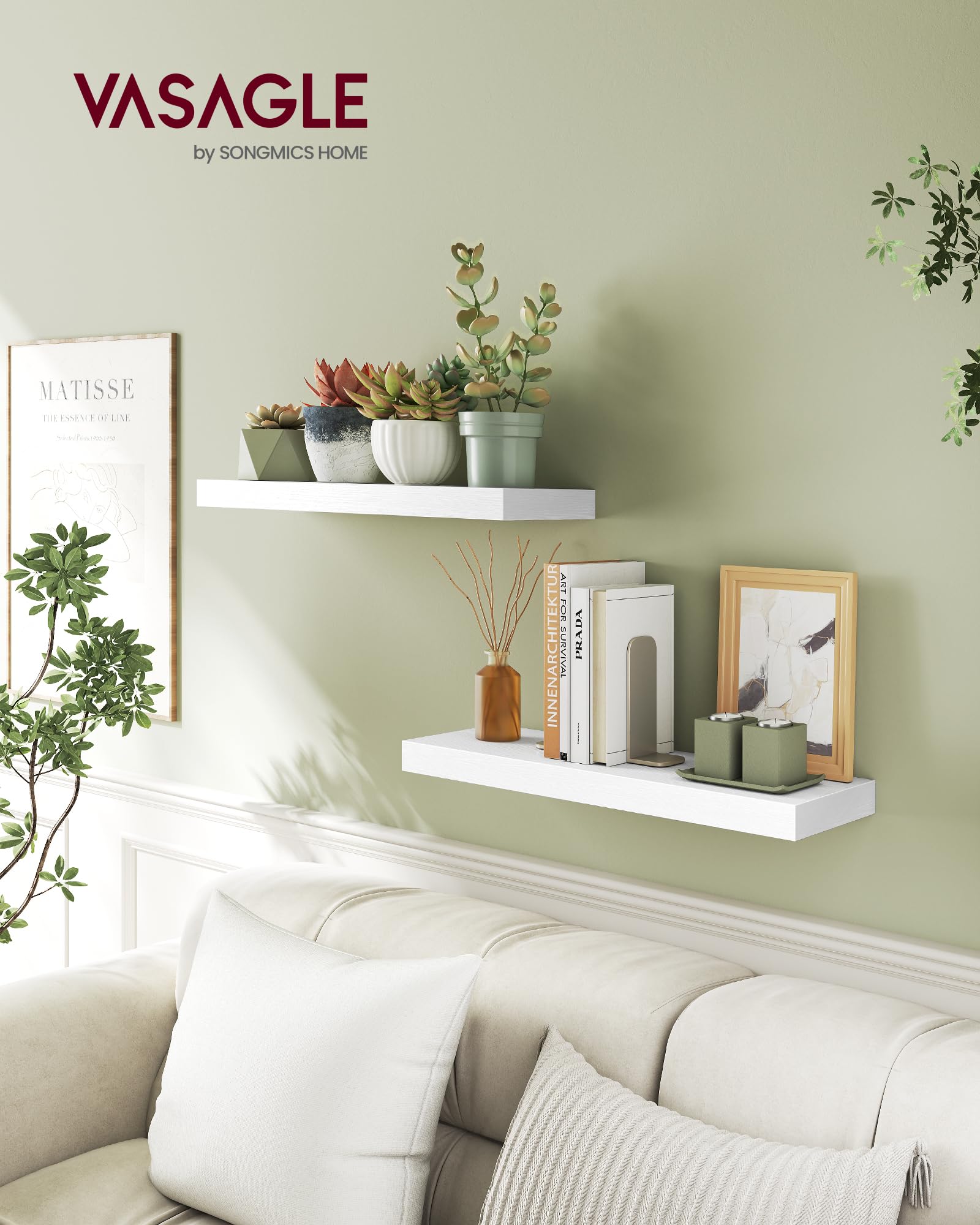 VASAGLE Floating Wall Shelf - Snow White | 60 cm Width | MDF & Steel | Max Load 10kg 2